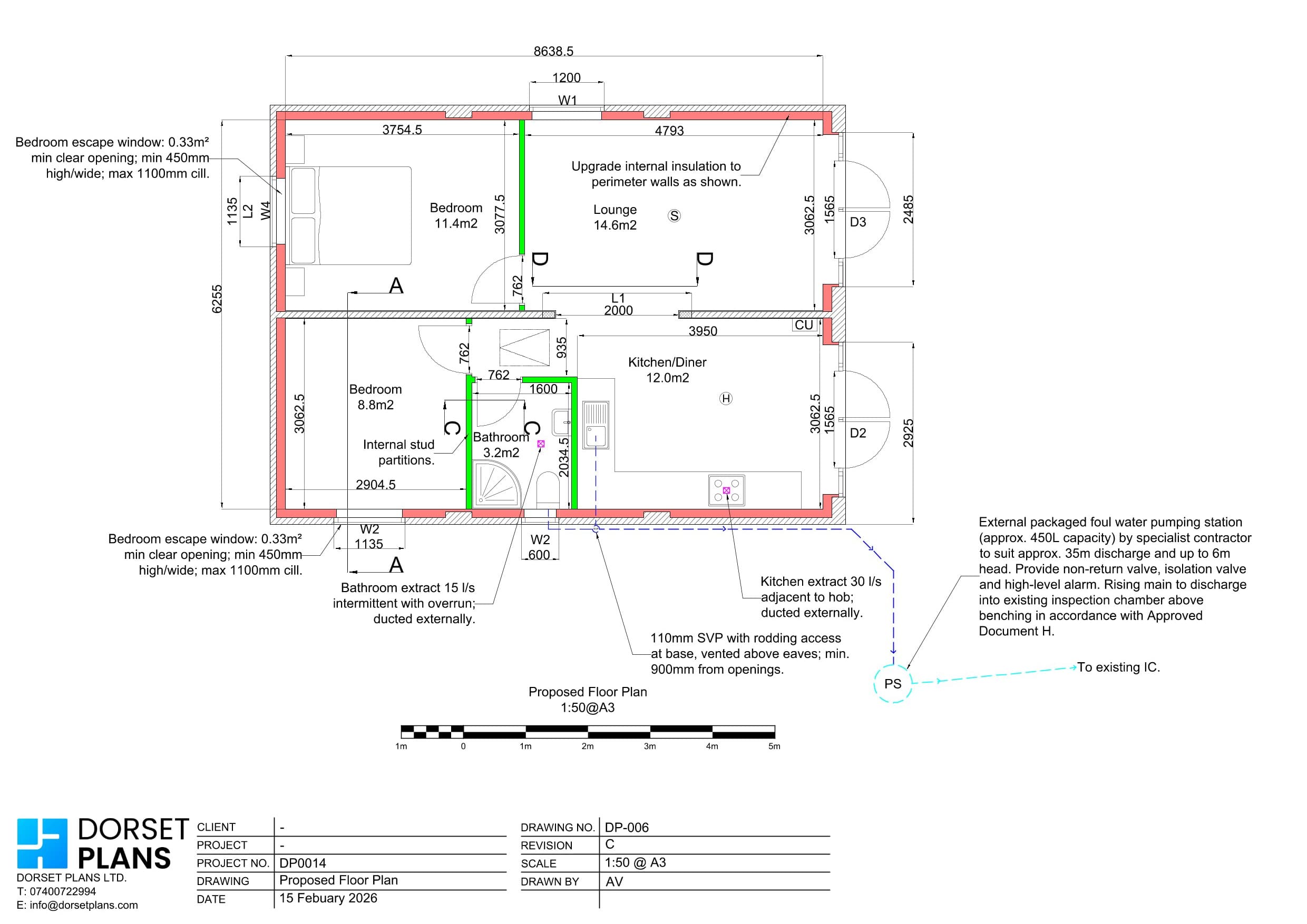 Proposed floor plan for a two-bedroom annexe with escape windows, extract rates and drainage notes for Building Regulations