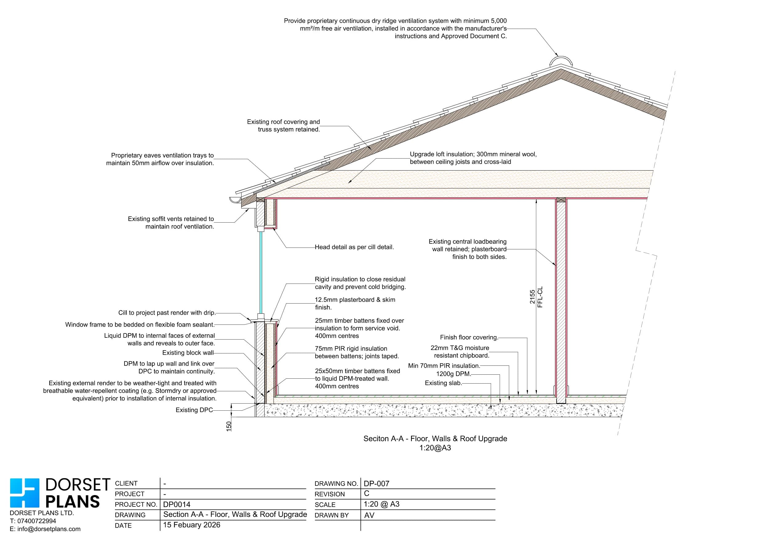 Section through a garage converted to an annexe at 1:20, showing the floor, wall and roof insulation upgrade and ventilation