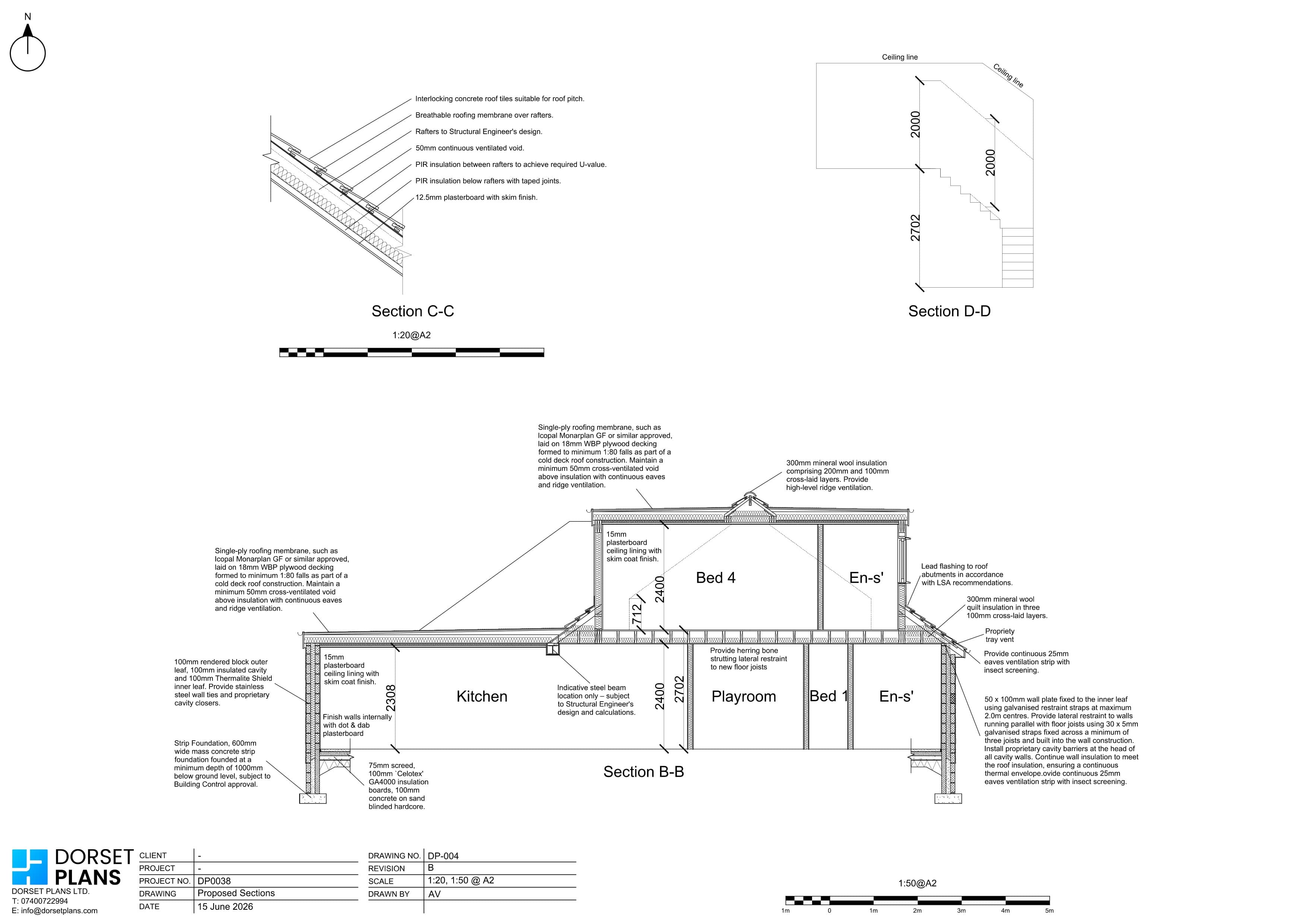 Construction sections through an extension showing roof, wall and strip foundation build-ups with insulation and stair headroom