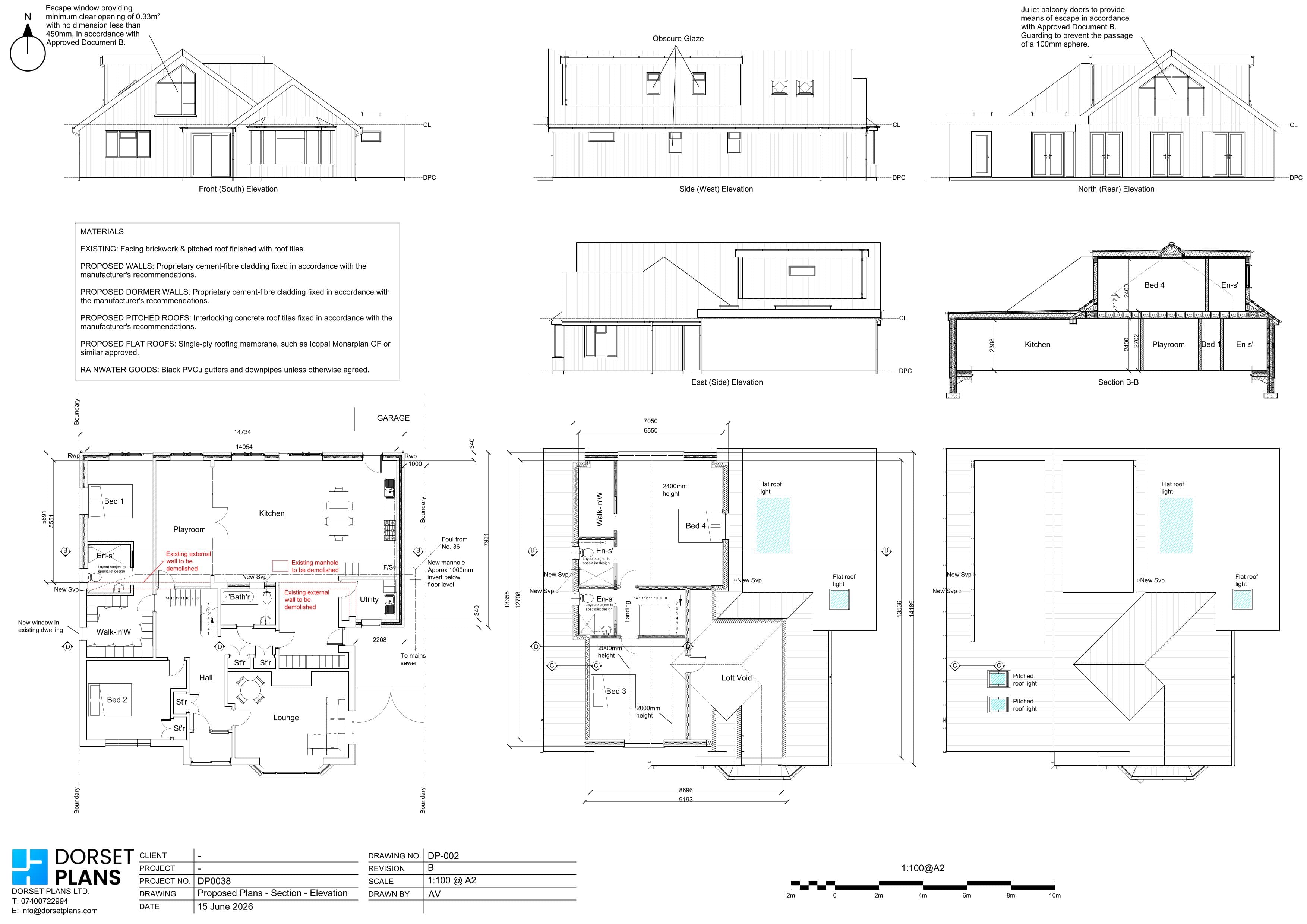 Proposed floor plans, section and elevations for a single-storey bungalow extension with rooms in the roof, prepared for Building Regulations