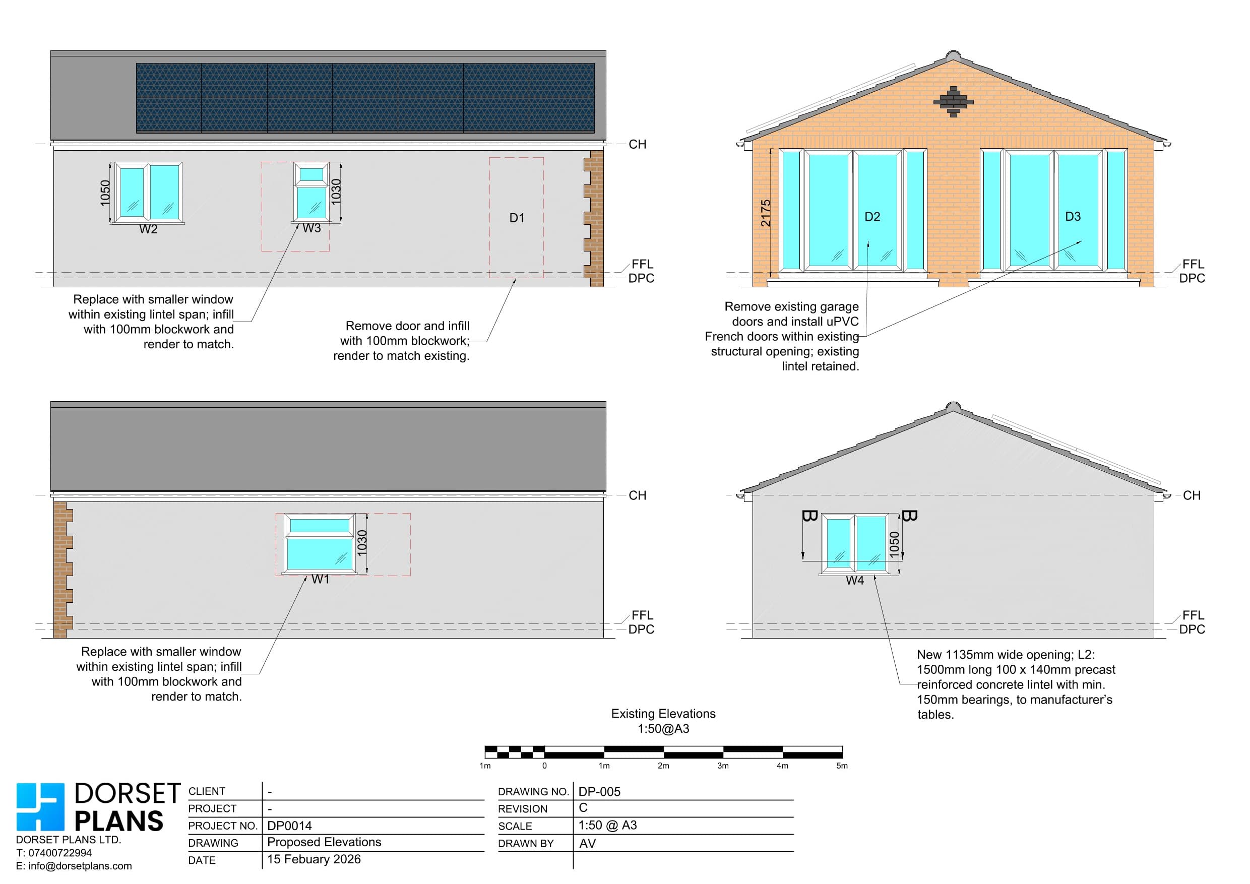 Elevations for a garage conversion to an annexe, with notes for new French doors, block infill and a lintel over a new opening