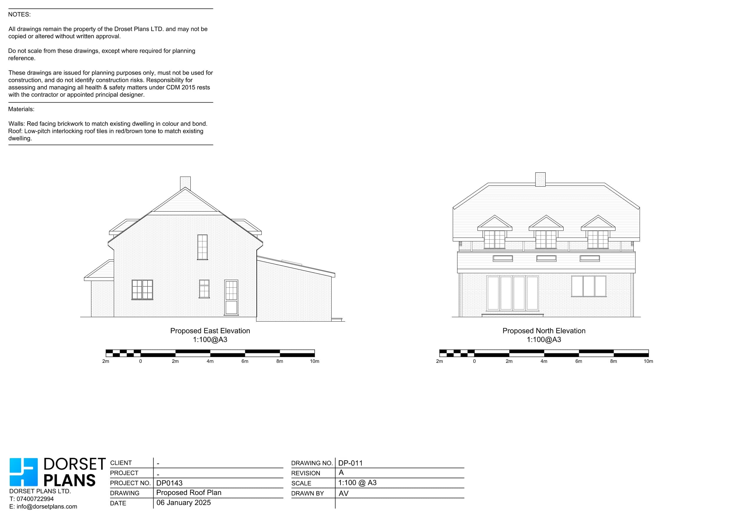 Proposed east and north elevations of a two-storey brick house with pitched dormers and a single-storey side extension