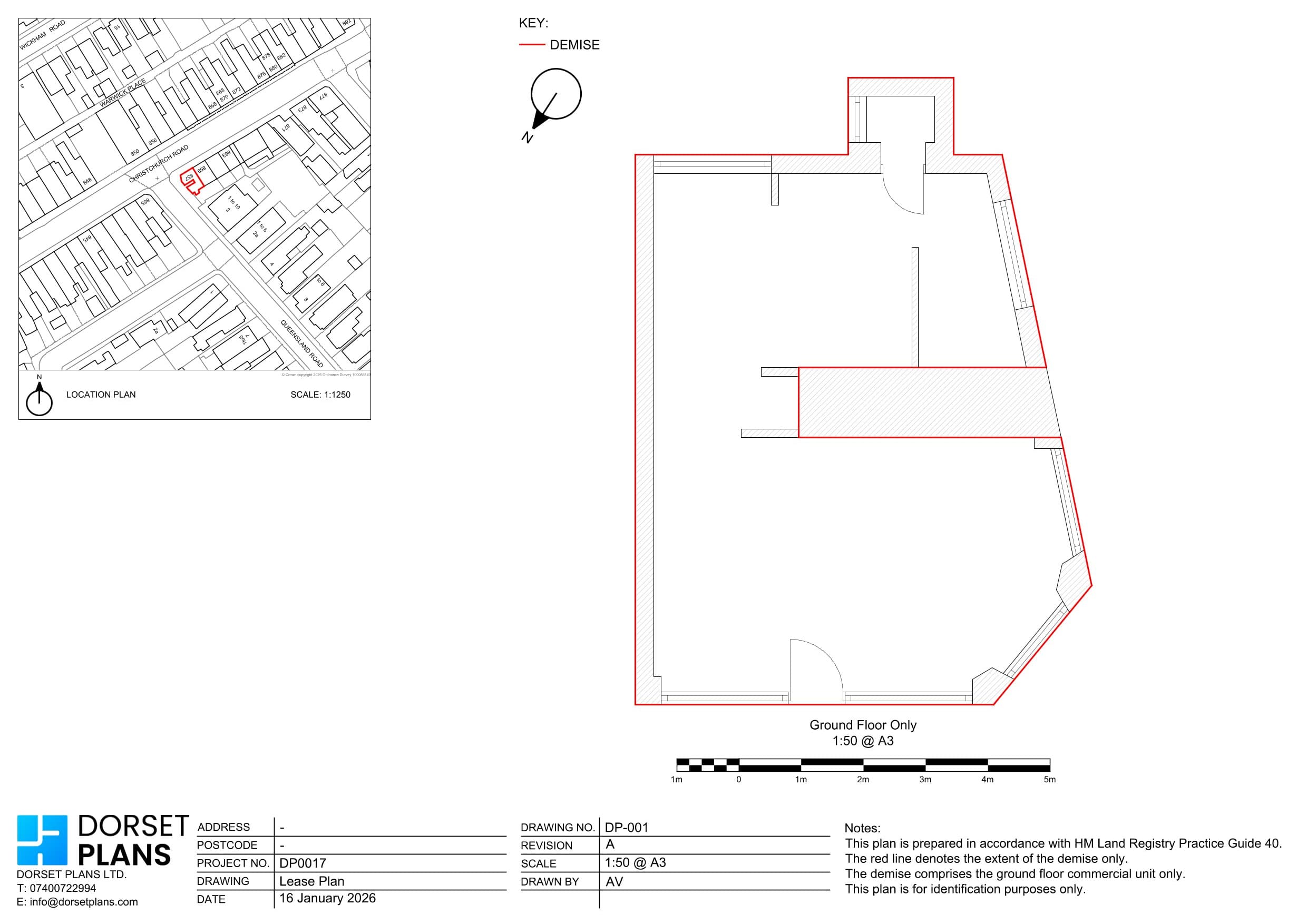 Lease plan at 1:50 with the ground-floor demise of a corner commercial unit edged red, and a 1:1250 location plan