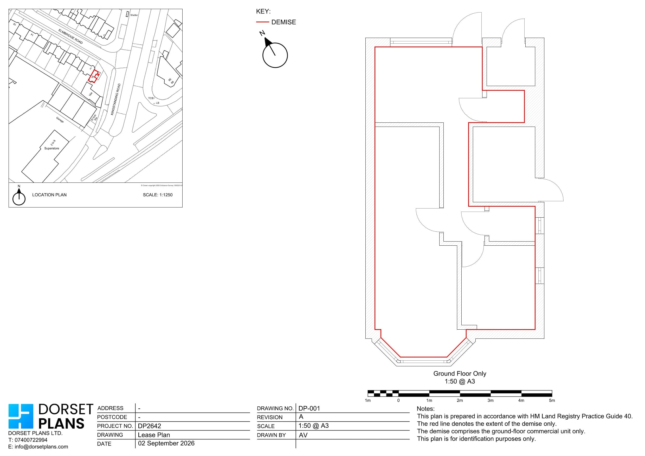 Lease plan at 1:50 showing the ground floor only of a commercial unit with a bay front, with the demise edged red