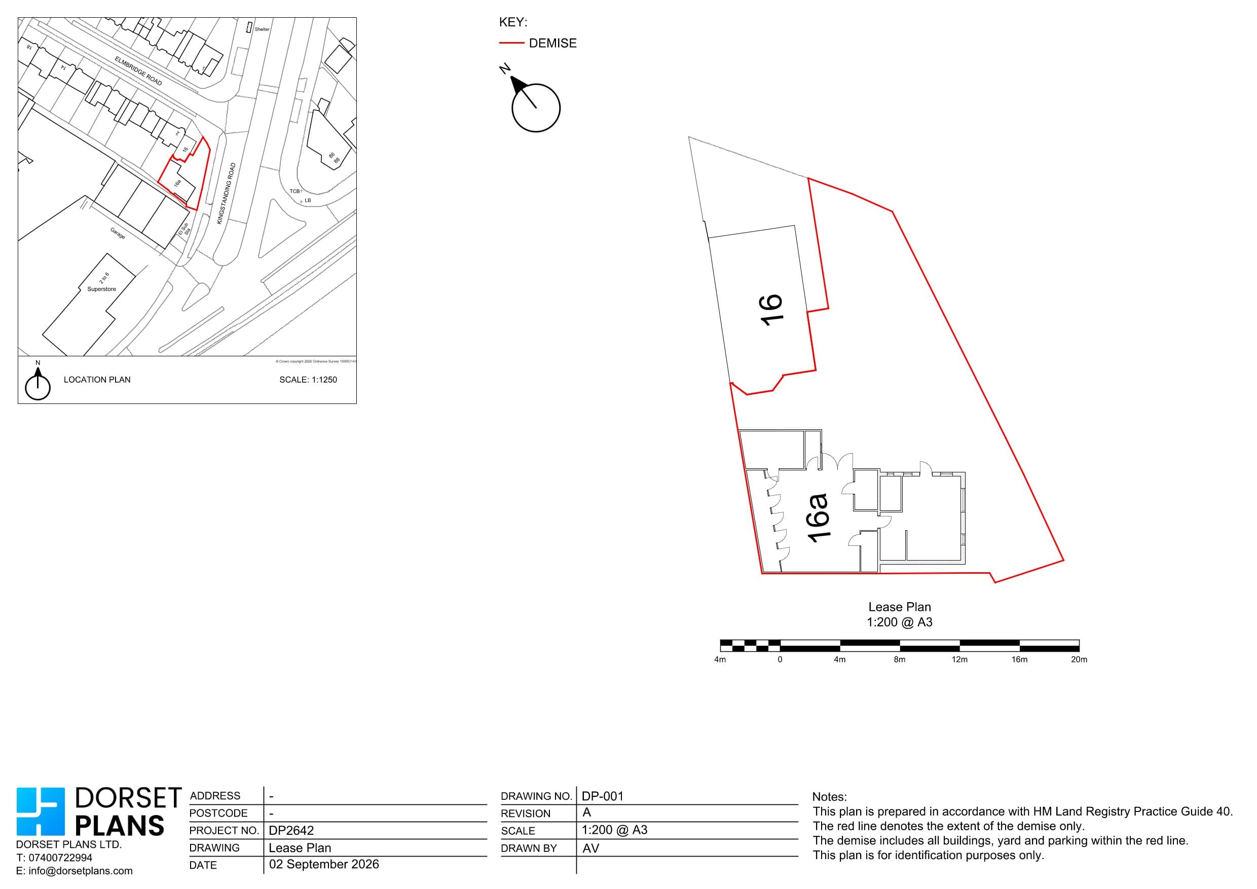 Lease plan at 1:200 with a whole site edged red, including the buildings, yard and parking in the demise
