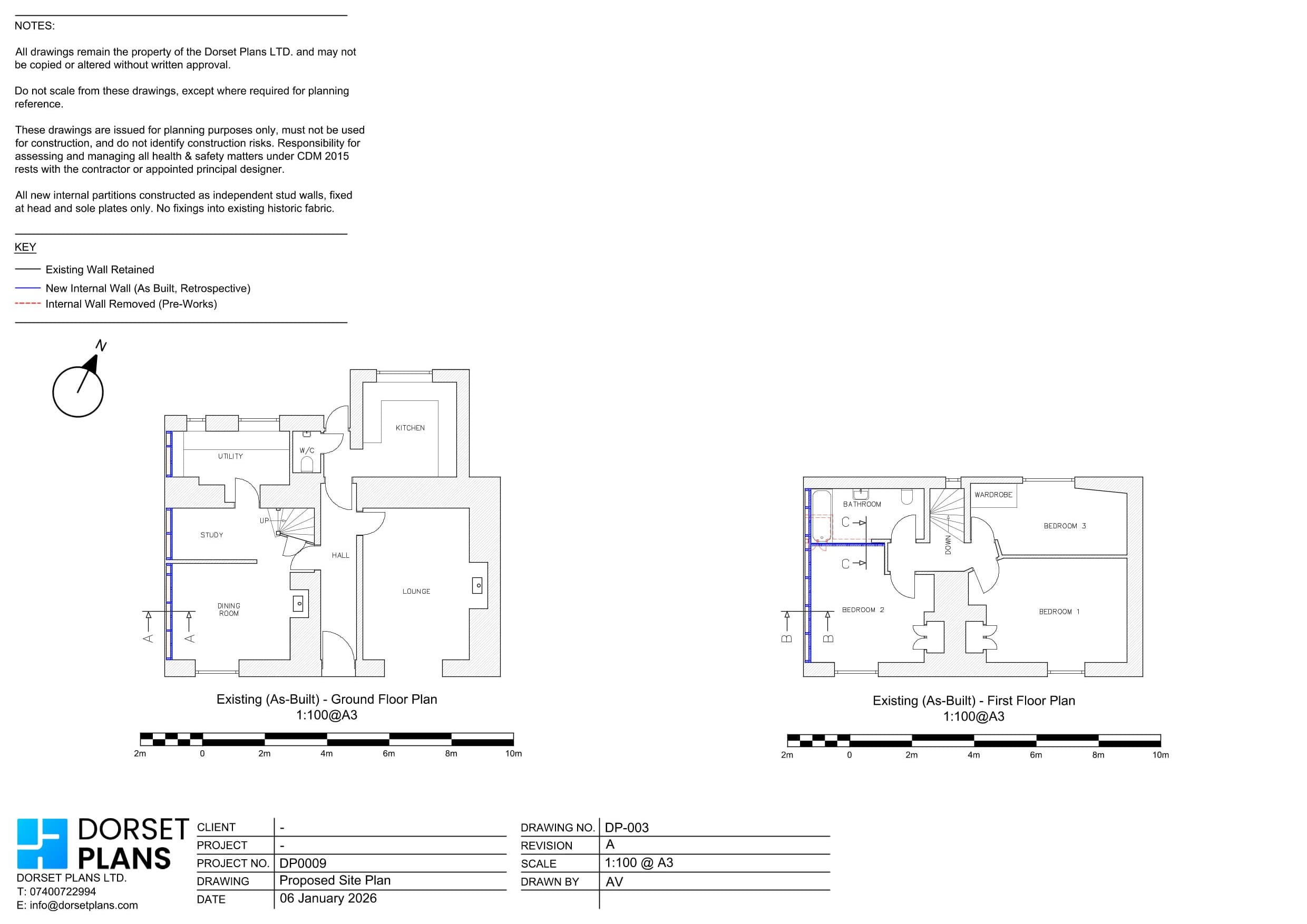 Floor plans of a historic house showing the walls retained, new internal walls built retrospectively and walls removed