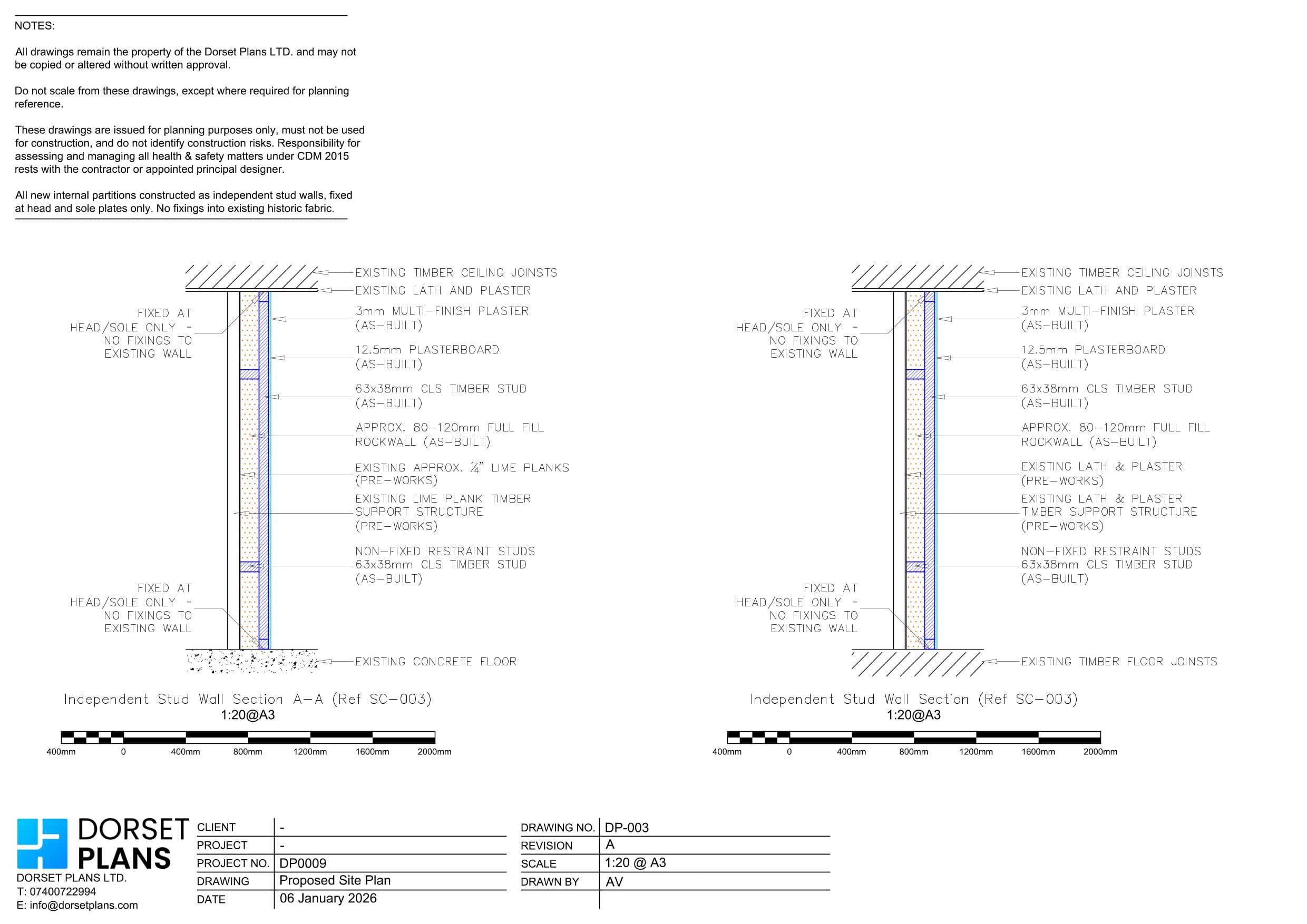 Two sections at 1:20 through an independent stud wall in a listed building, fixed only at the head and sole plate