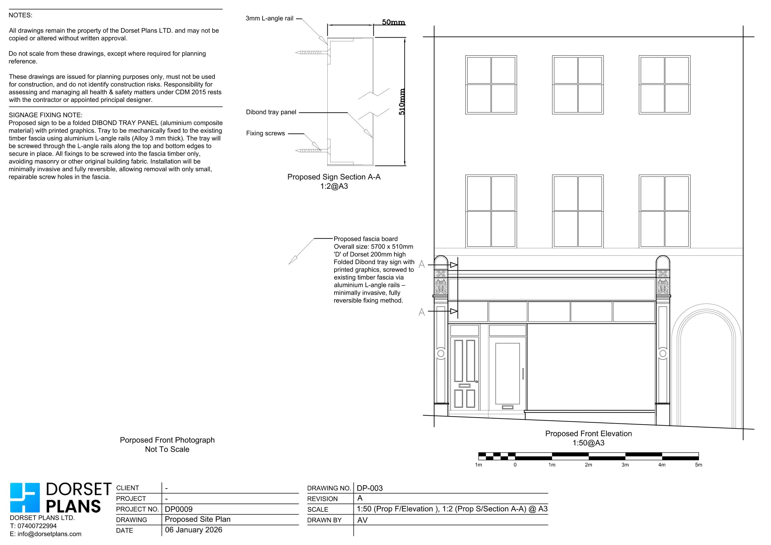 Proposed front elevation of a historic three-storey building with a new fascia sign, and a section through the sign's reversible fixing