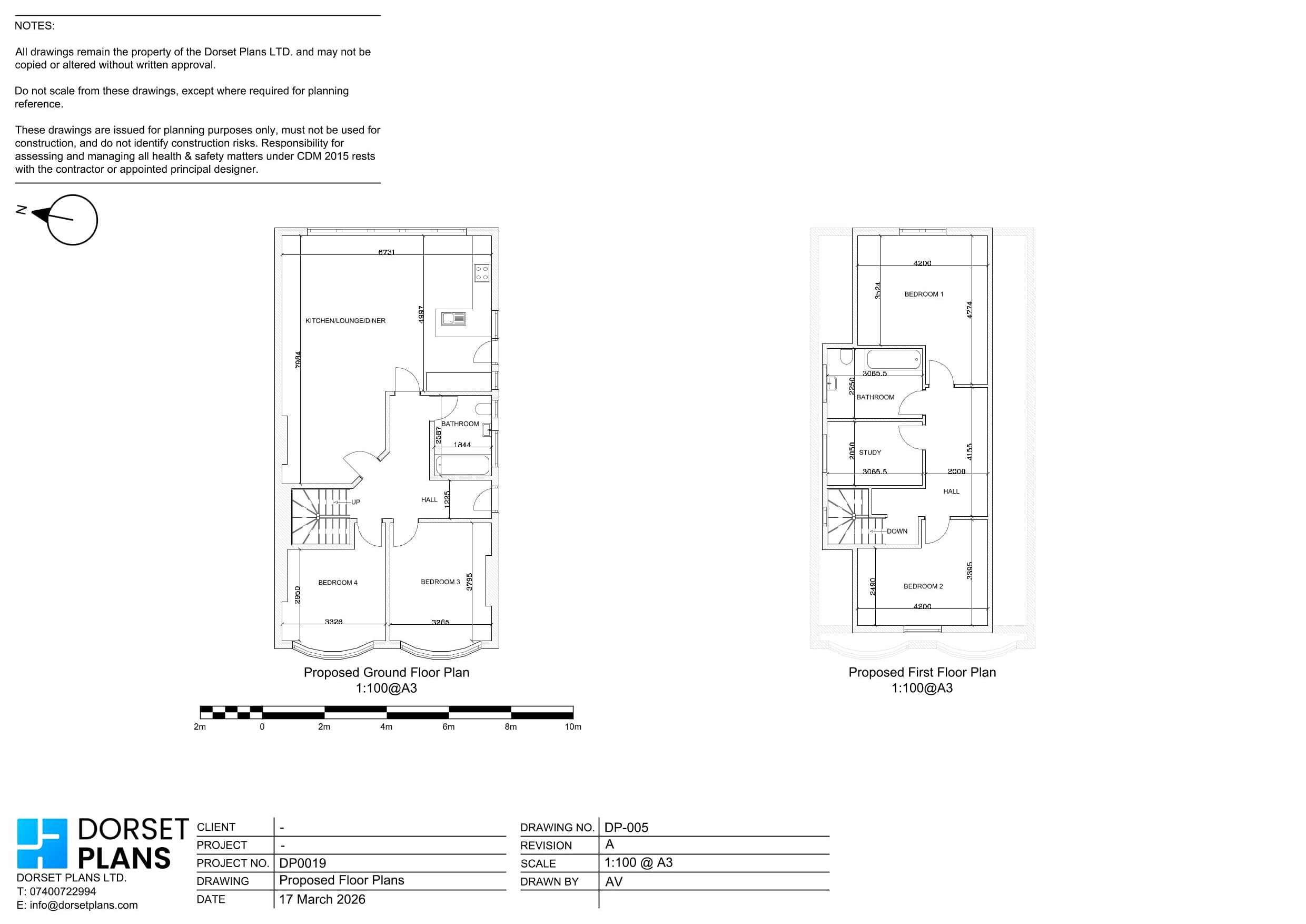 Proposed floor plans for a bungalow loft conversion, with two bedrooms and a study in the new first floor inside the roof