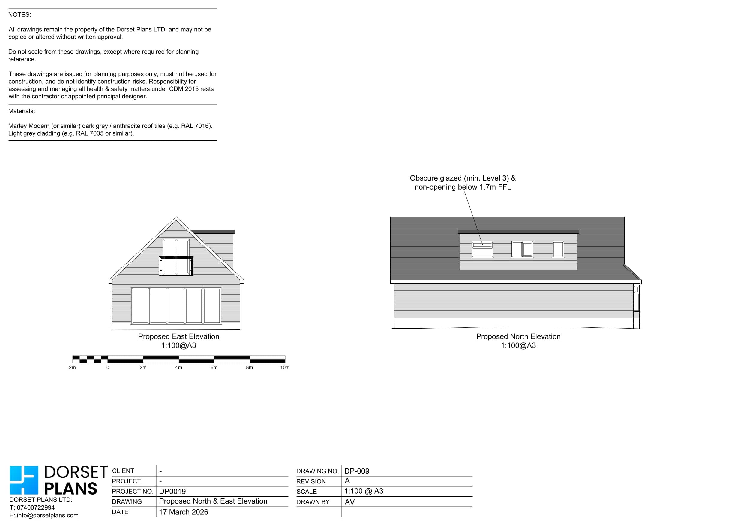 Proposed north and east elevations of a bungalow loft conversion with a rear flat-roof dormer and a Juliet balcony in the gable