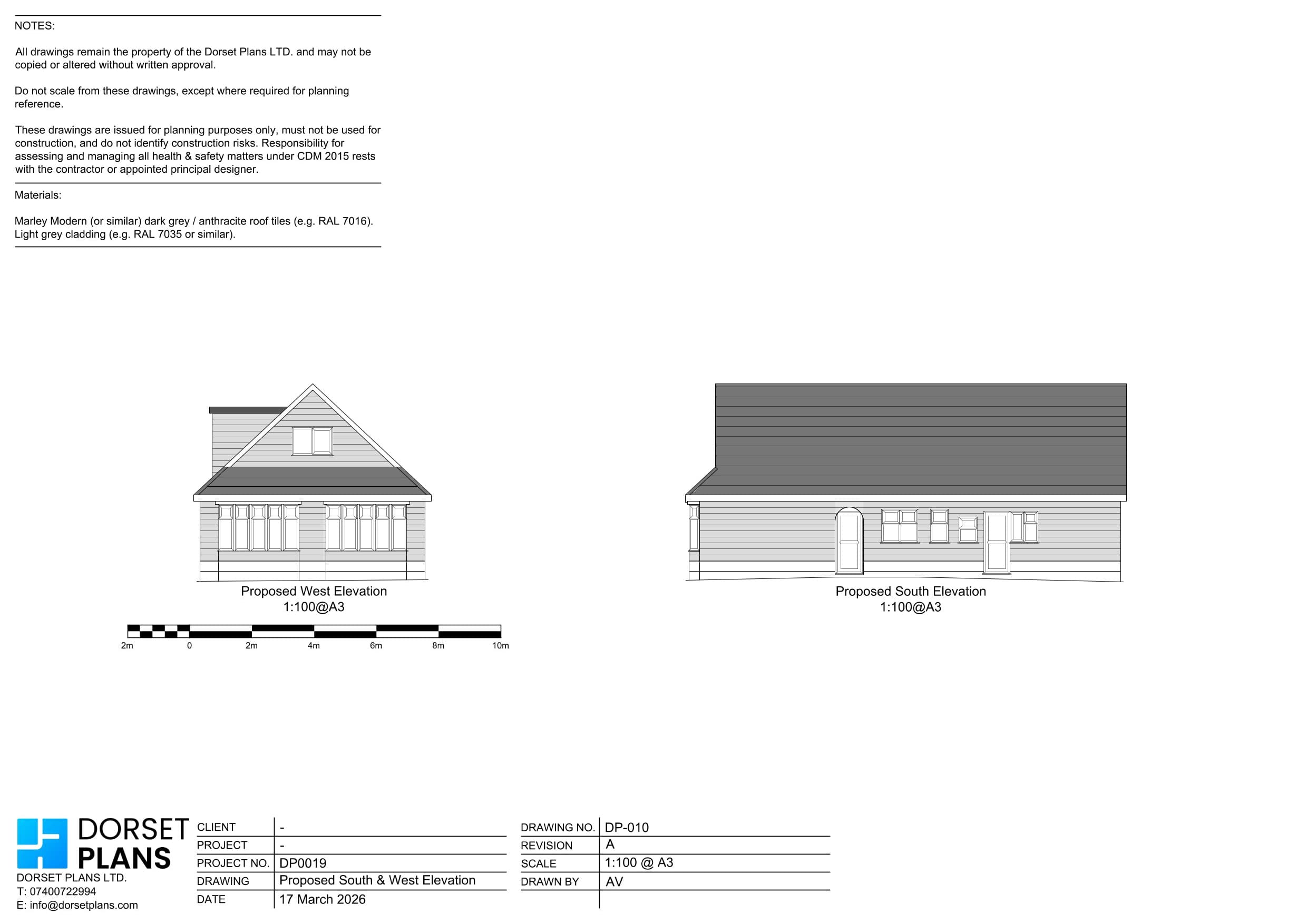 Proposed west and south elevations of the same bungalow loft conversion, clad in grey boards with a window in the gable