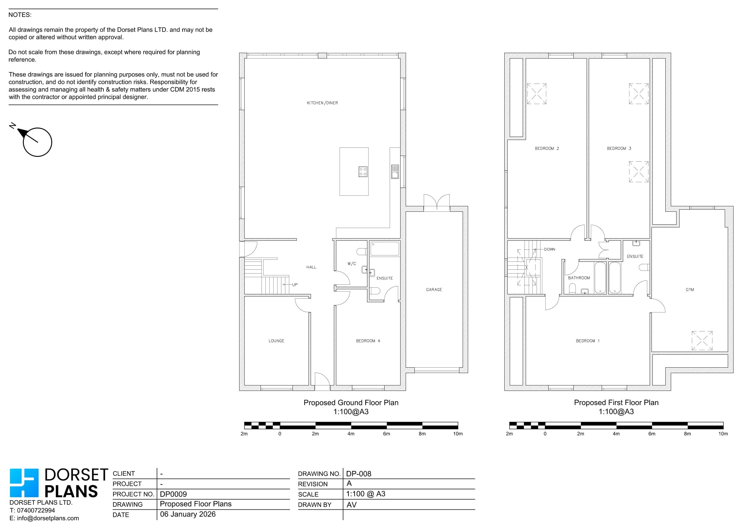 Proposed ground and first floor plans with bedrooms and a gym in the roof space, lit by rooflights, above a kitchen and garage