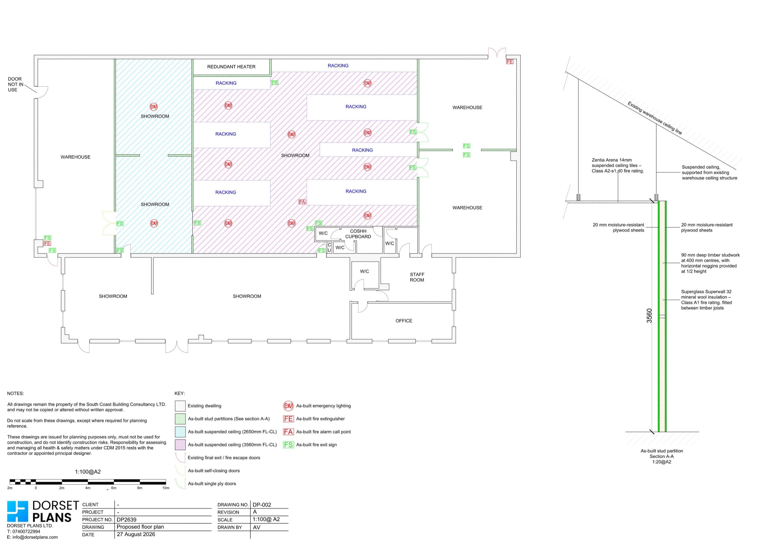 As-built floor plan at 1:100 of a warehouse showroom with stud partitions, suspended ceilings and fire safety signs, and a 1:20 partition section