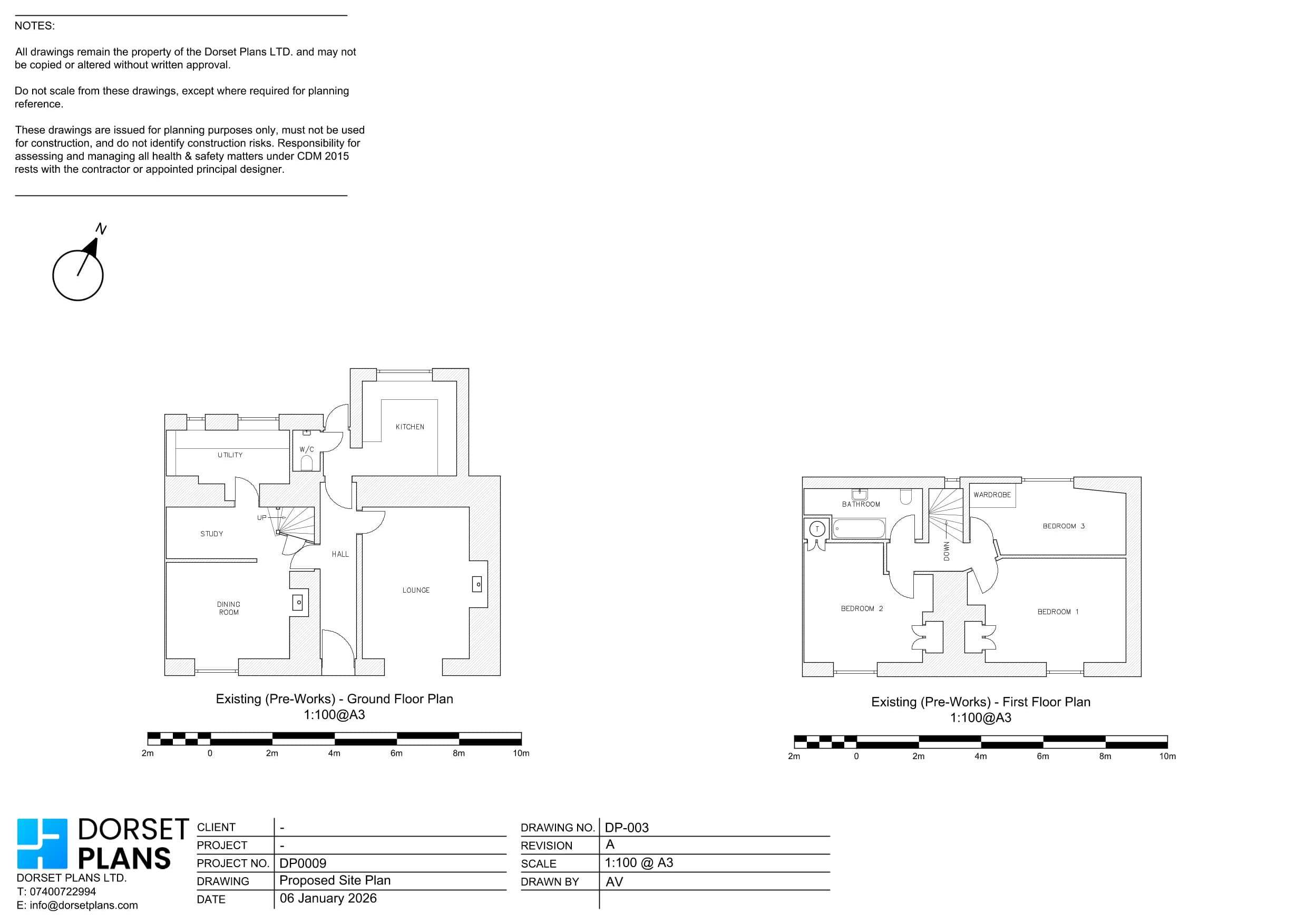Existing ground and first floor plans of a three-bedroom house, drawn from a measured survey before building work
