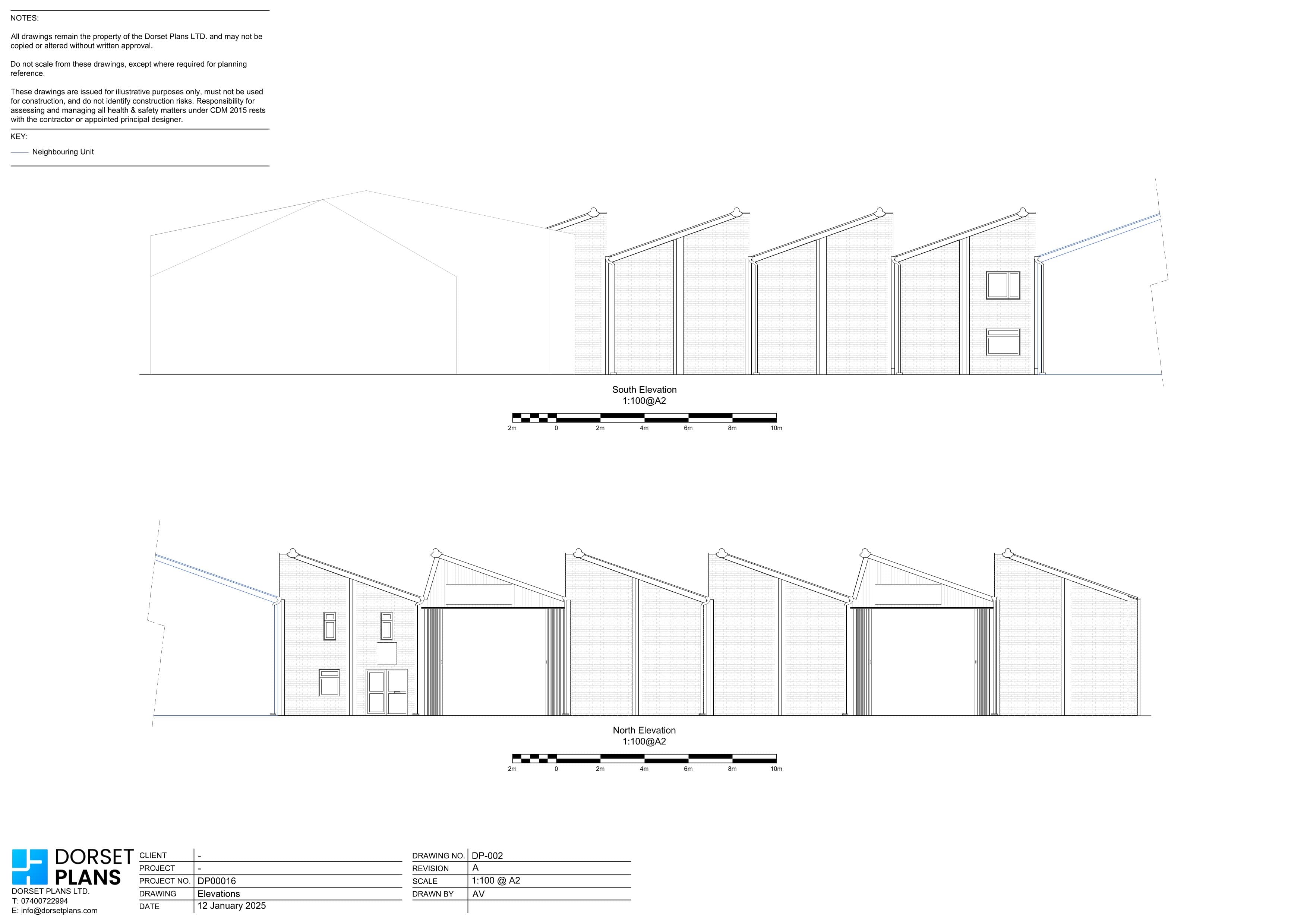 Existing south and north elevations of a row of brick industrial units with a sawtooth roof and roller-shutter doors