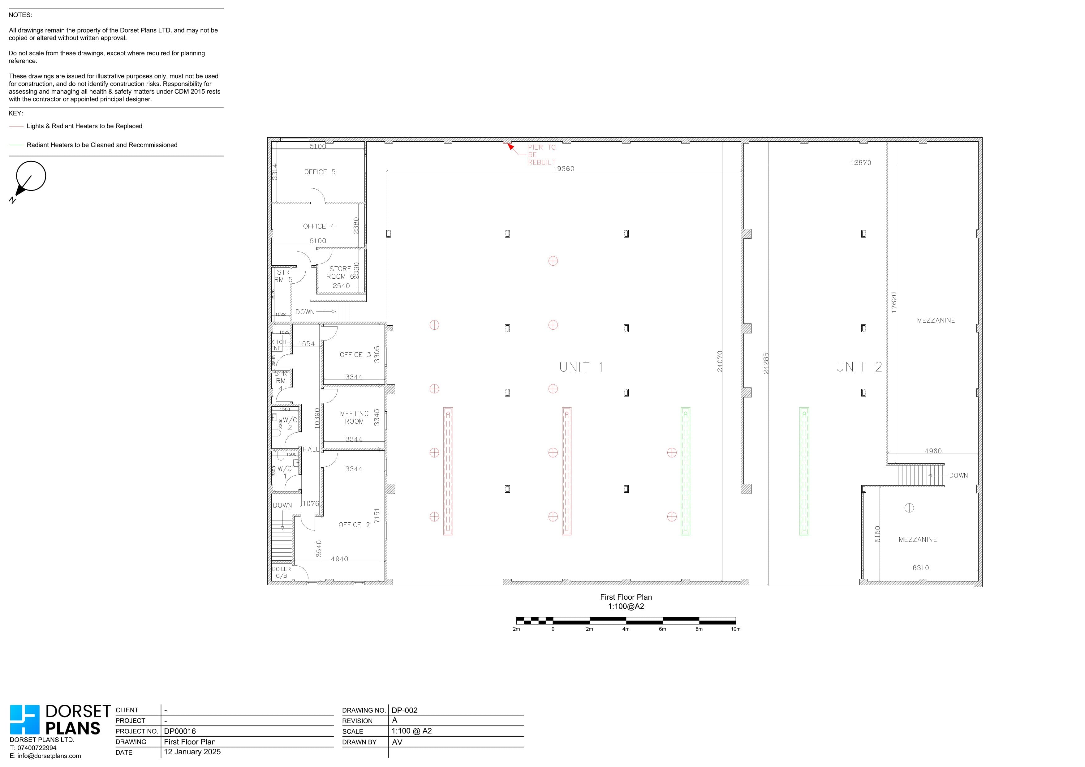 Existing first floor plan of the same industrial units, showing offices, a meeting room and mezzanine floors