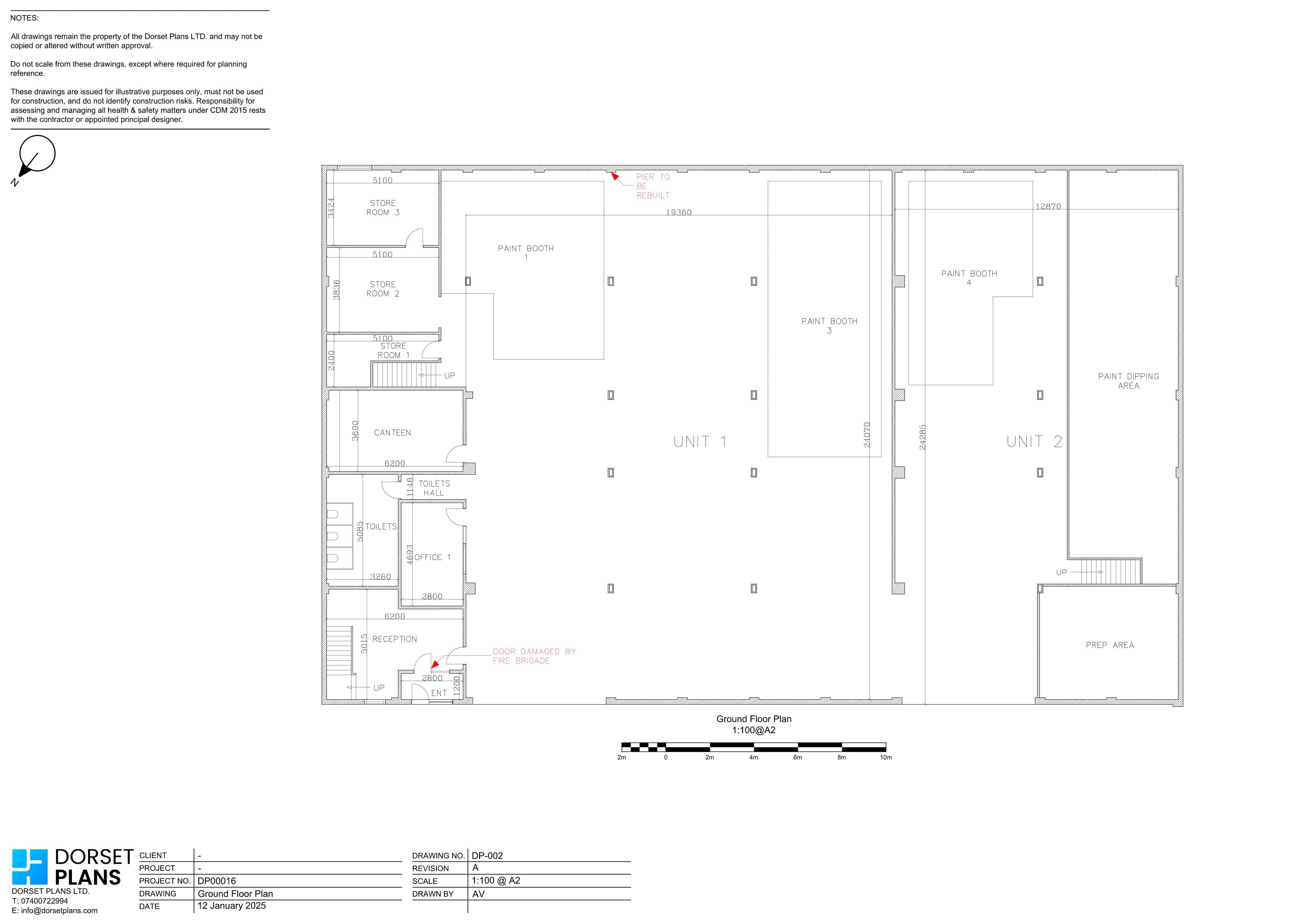 Existing ground floor plan of two industrial units used as a paint shop, with paint booths, offices and survey condition notes