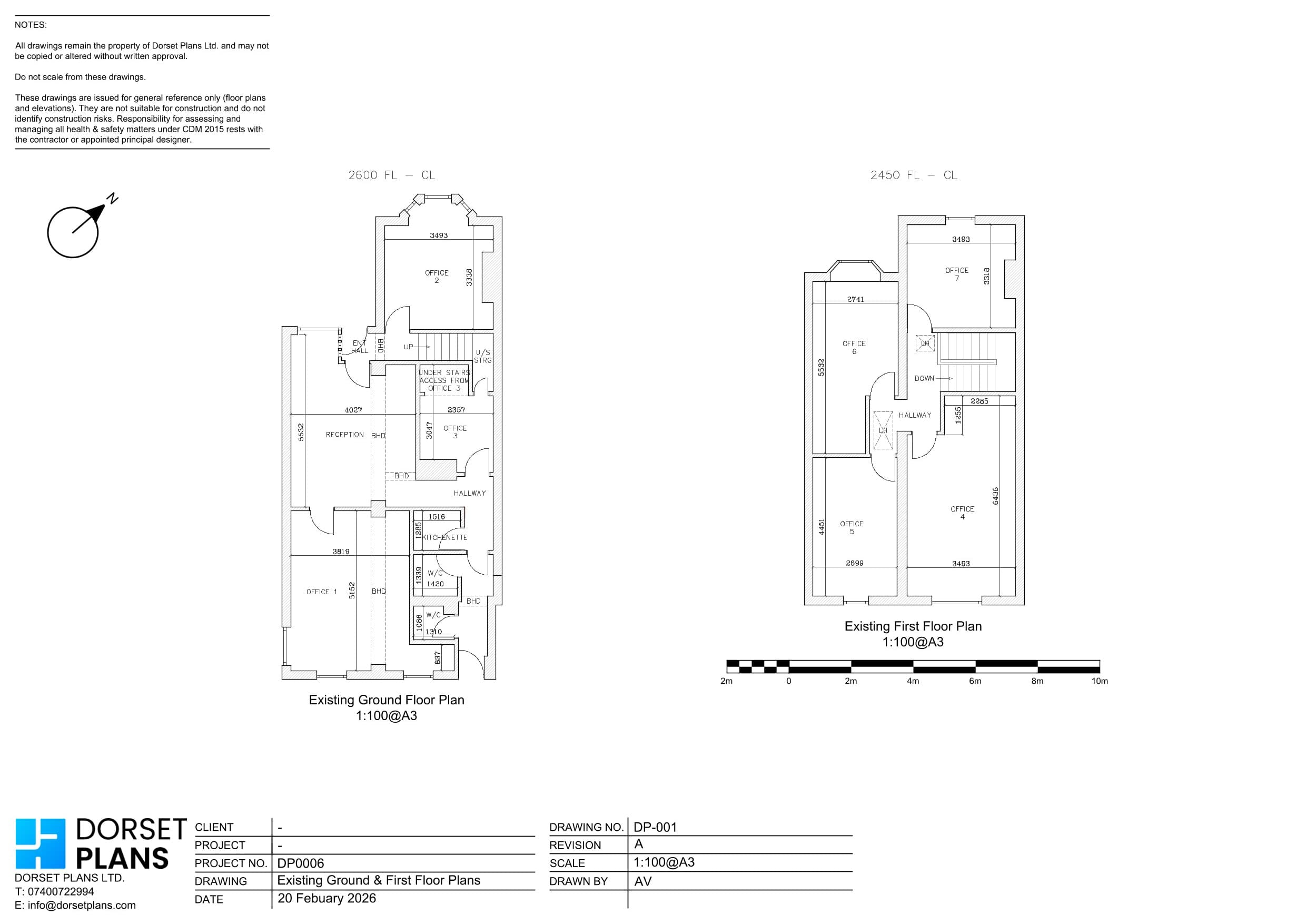 Existing ground and first floor plans of offices in a converted terraced house, measured on site with floor-to-ceiling heights