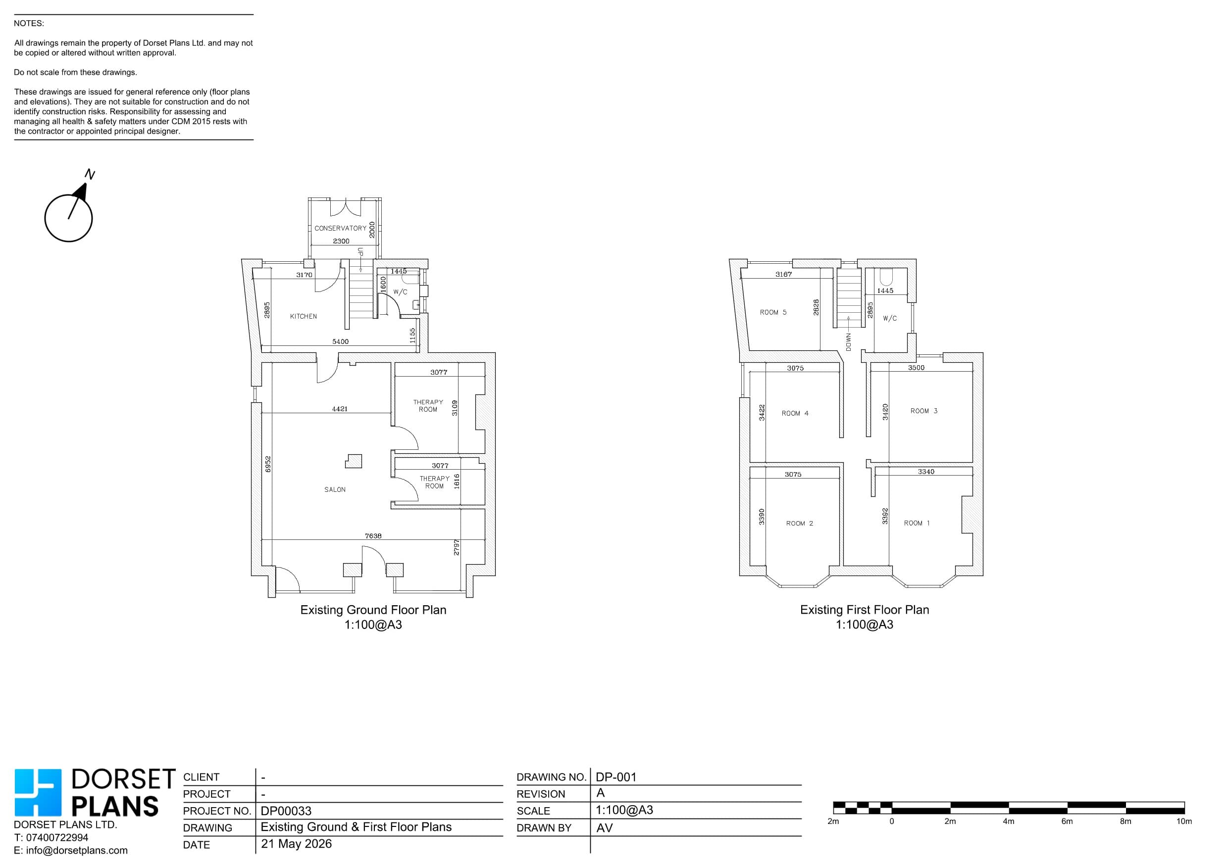Existing ground and first floor plans of a salon with therapy rooms, a kitchen and a conservatory, with five rooms above