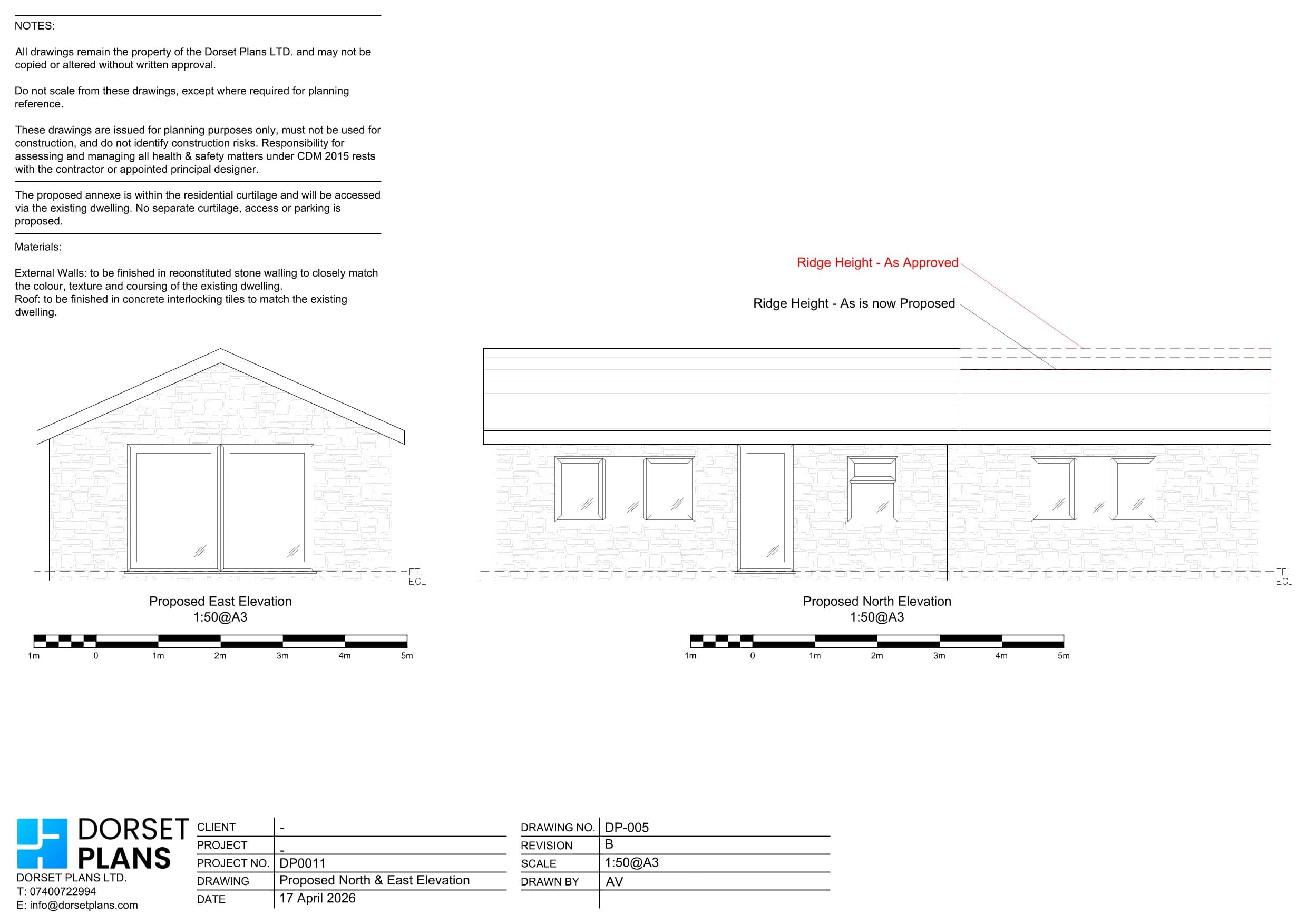 Proposed north and east elevations for an annexe, showing the approved and proposed ridge heights