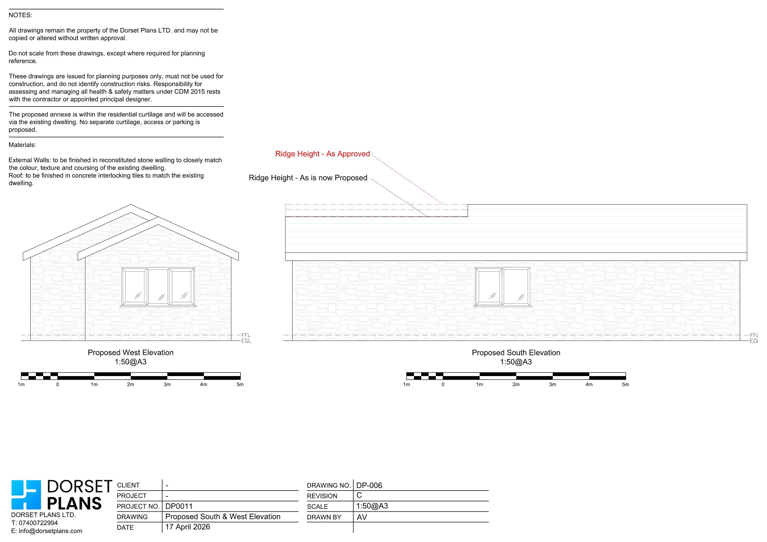 Proposed south and west elevations for an annexe, drawn at 1:50 for a planning application