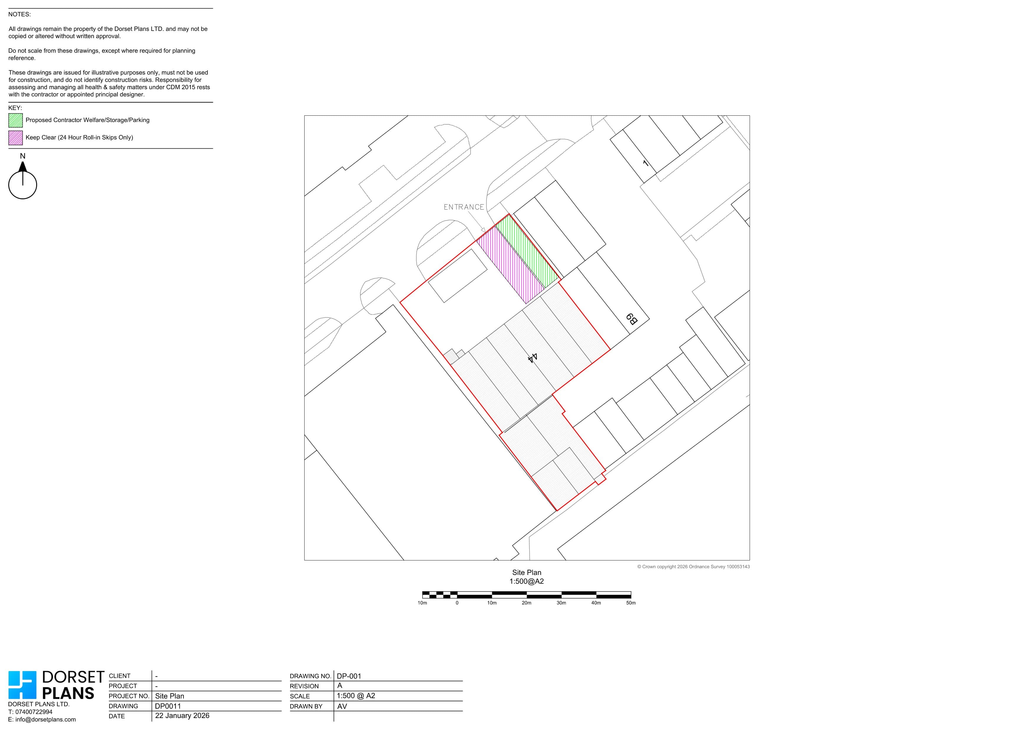 Construction logistics site plan showing contractor welfare, storage and parking areas and a keep-clear zone for skips
