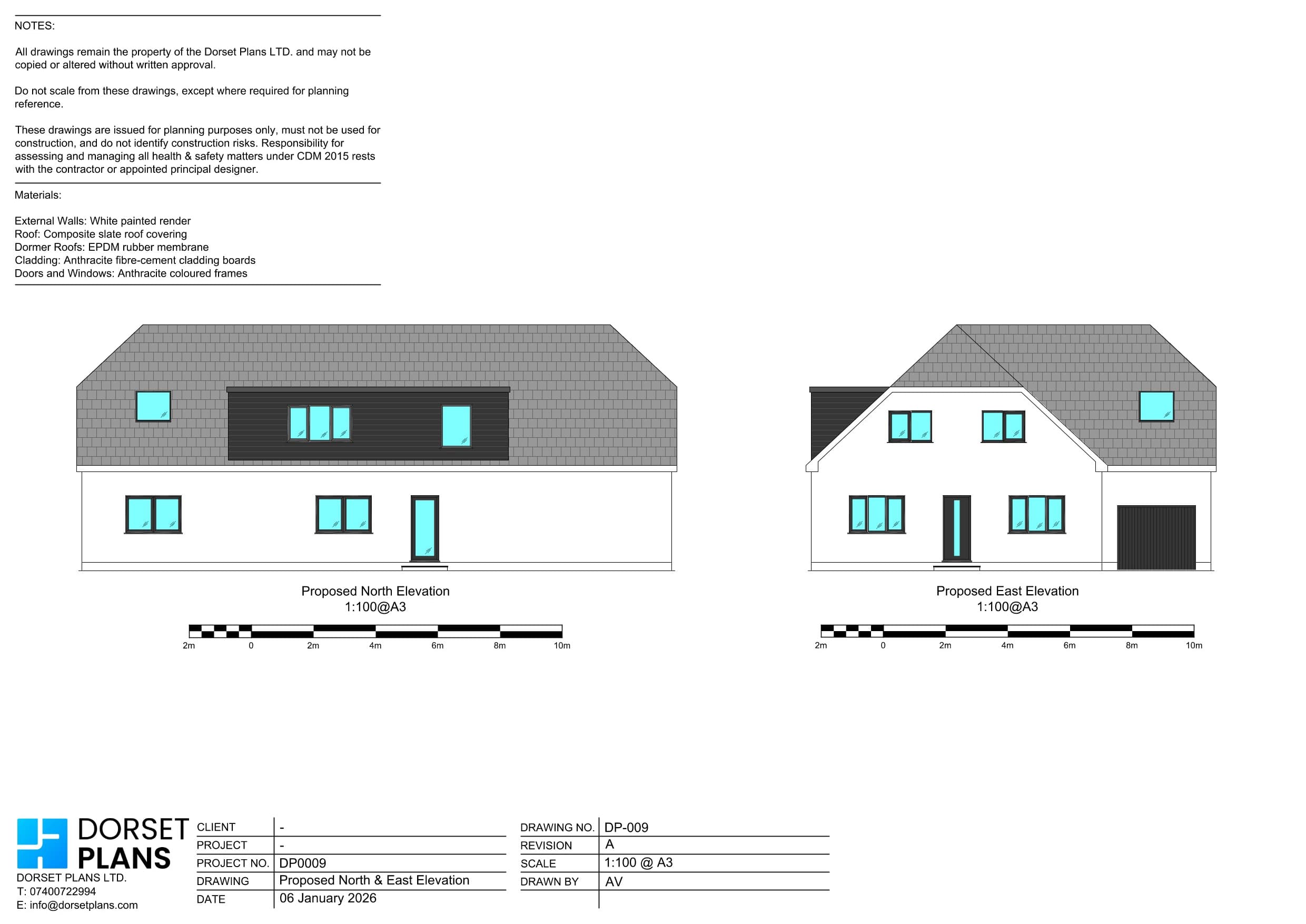 Proposed north and east elevations of a chalet bungalow with a large flat-roof dormer clad in anthracite boards