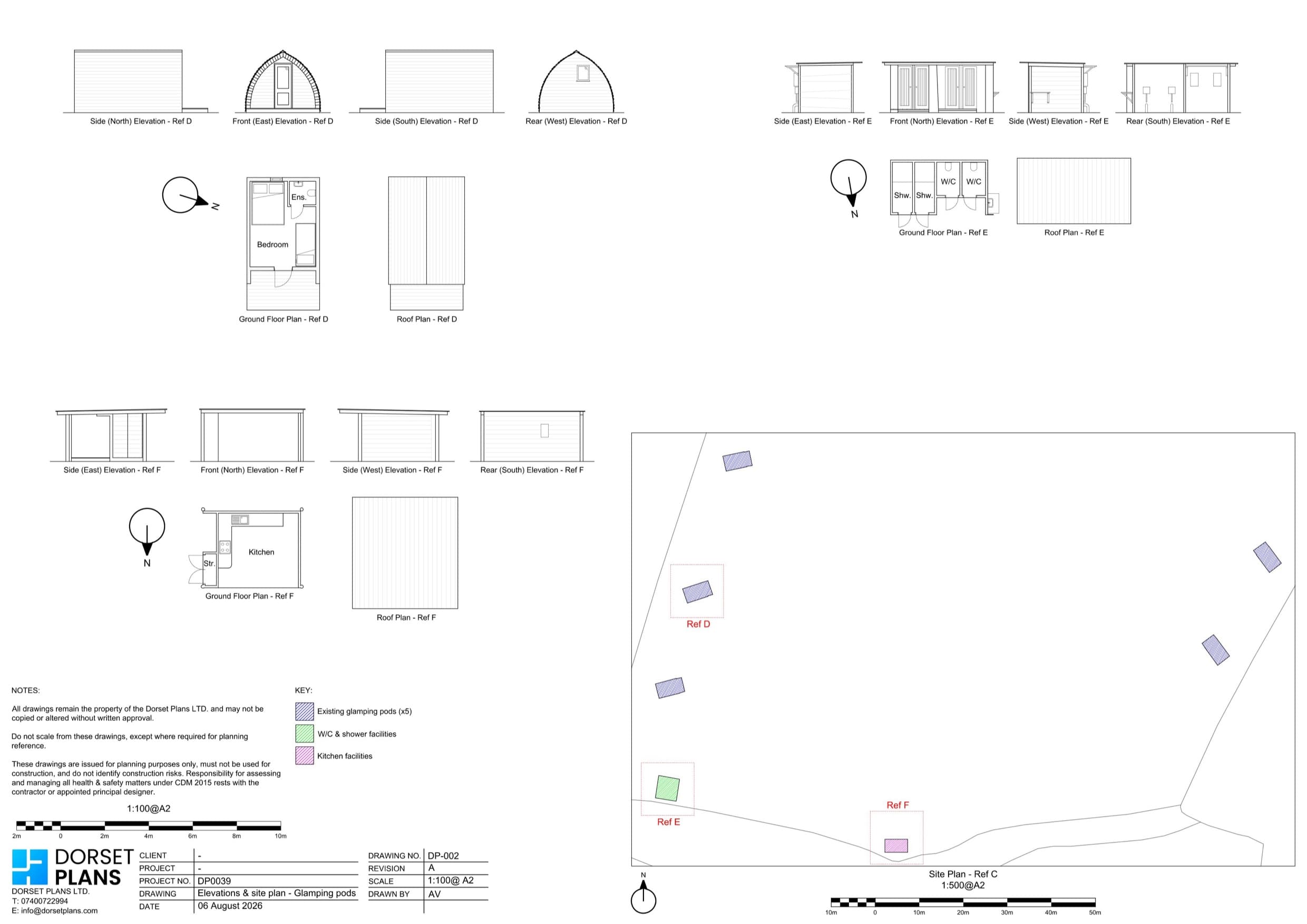 Elevations, floor plans and a 1:500 site plan for glamping pods with new shower, toilet and kitchen buildings