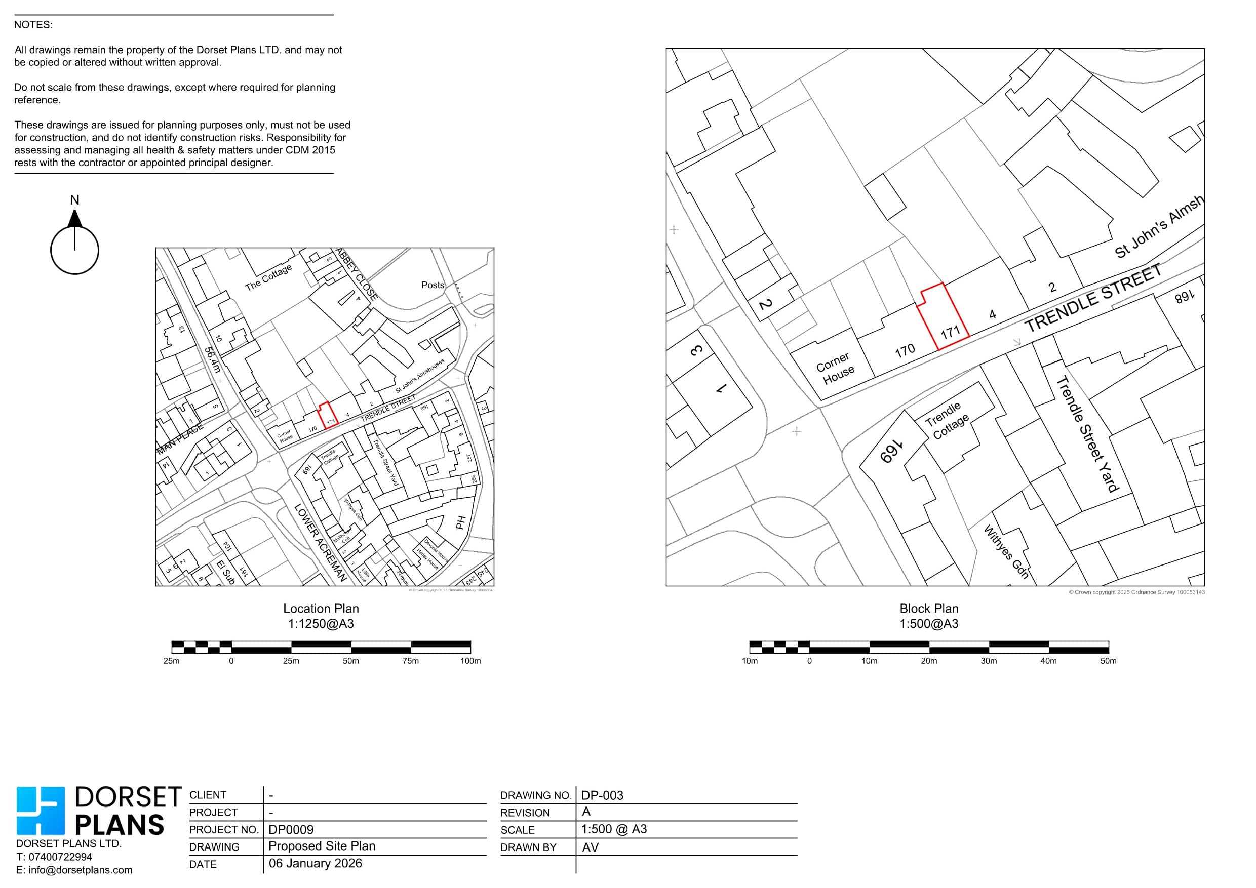 Location plan at 1:1250 and block plan at 1:500 prepared for a planning application