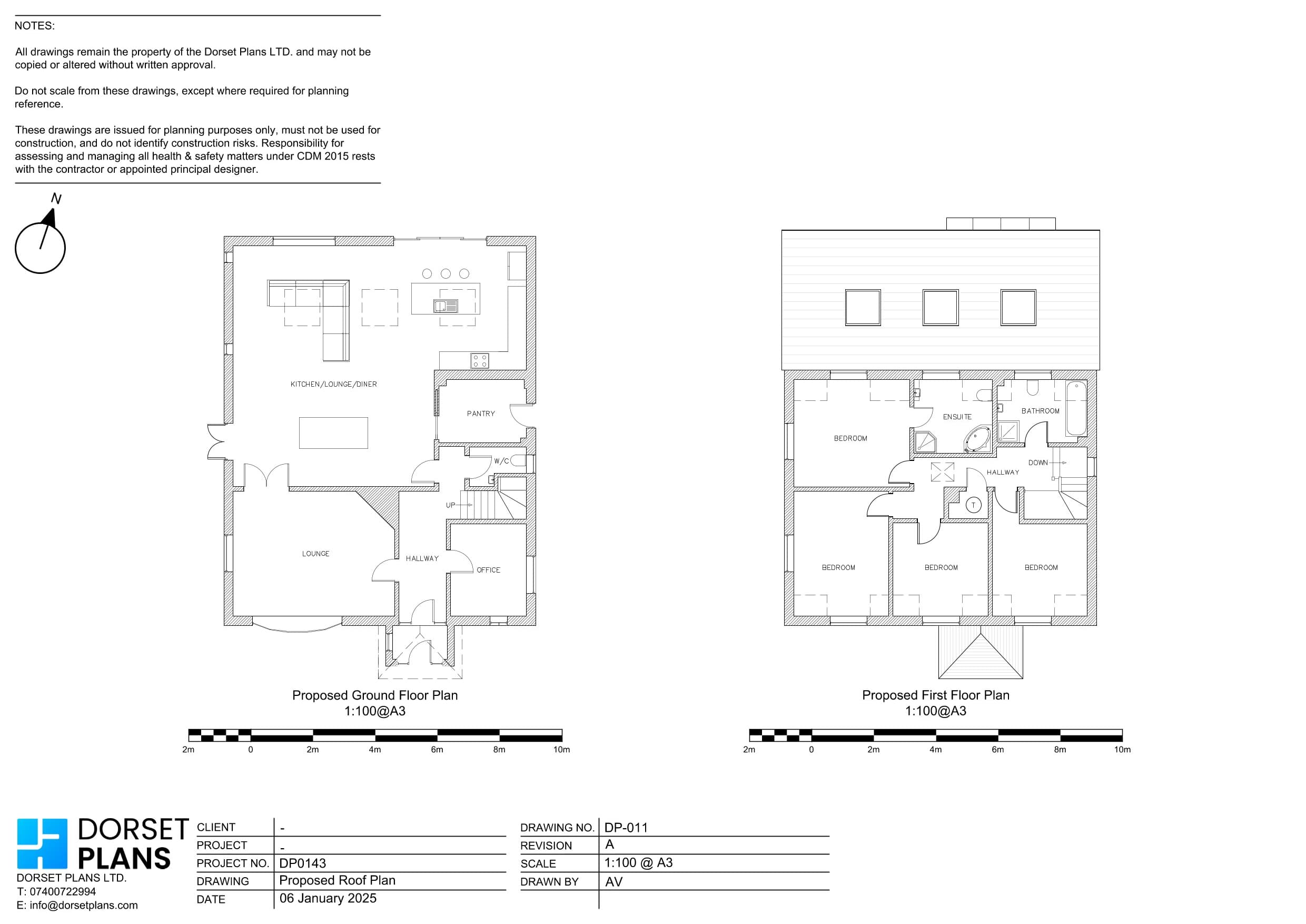 Proposed ground and first floor plans for a detached house with an open-plan kitchen, lounge and dining room and four bedrooms