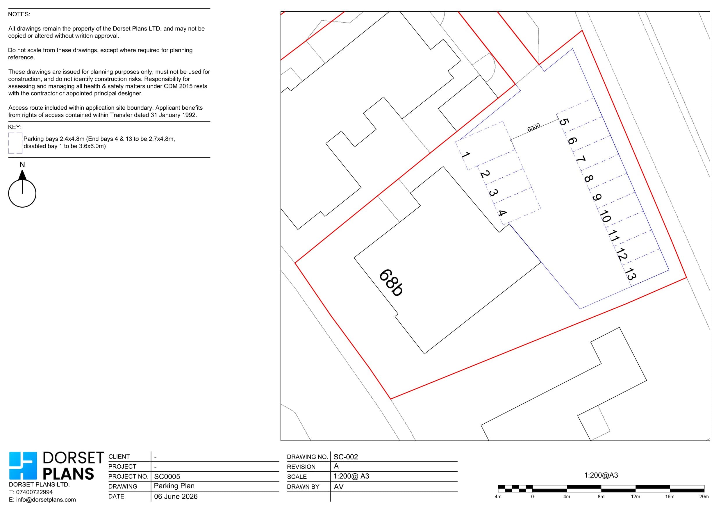 Parking plan at 1:200 with thirteen numbered bays, including a wider disabled bay, inside a red-edged site boundary