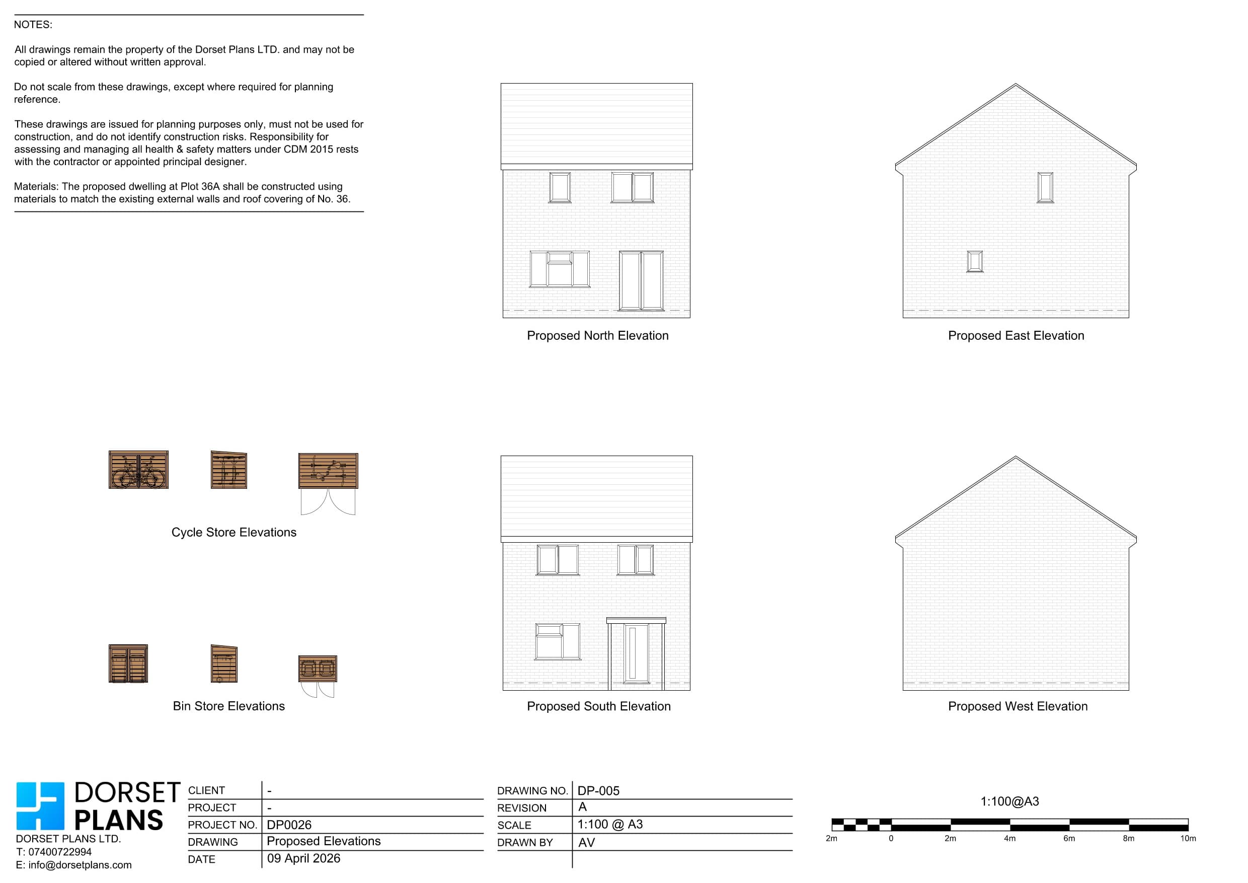 Proposed north, east, south and west elevations for a new dwelling, drawn at 1:100 for a planning application