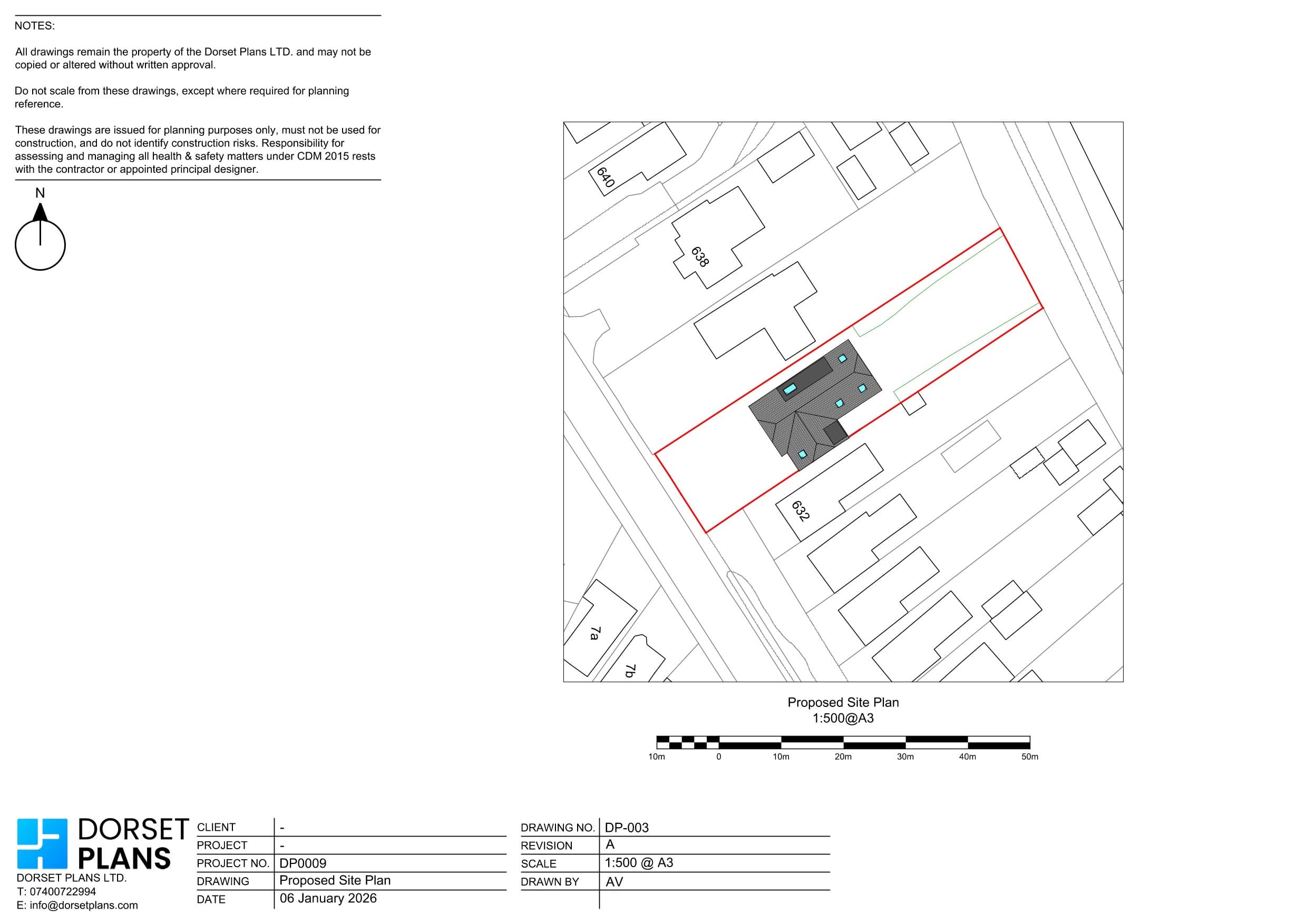 Proposed site plan at 1:500 with a house and its plot edged red among the neighbouring properties