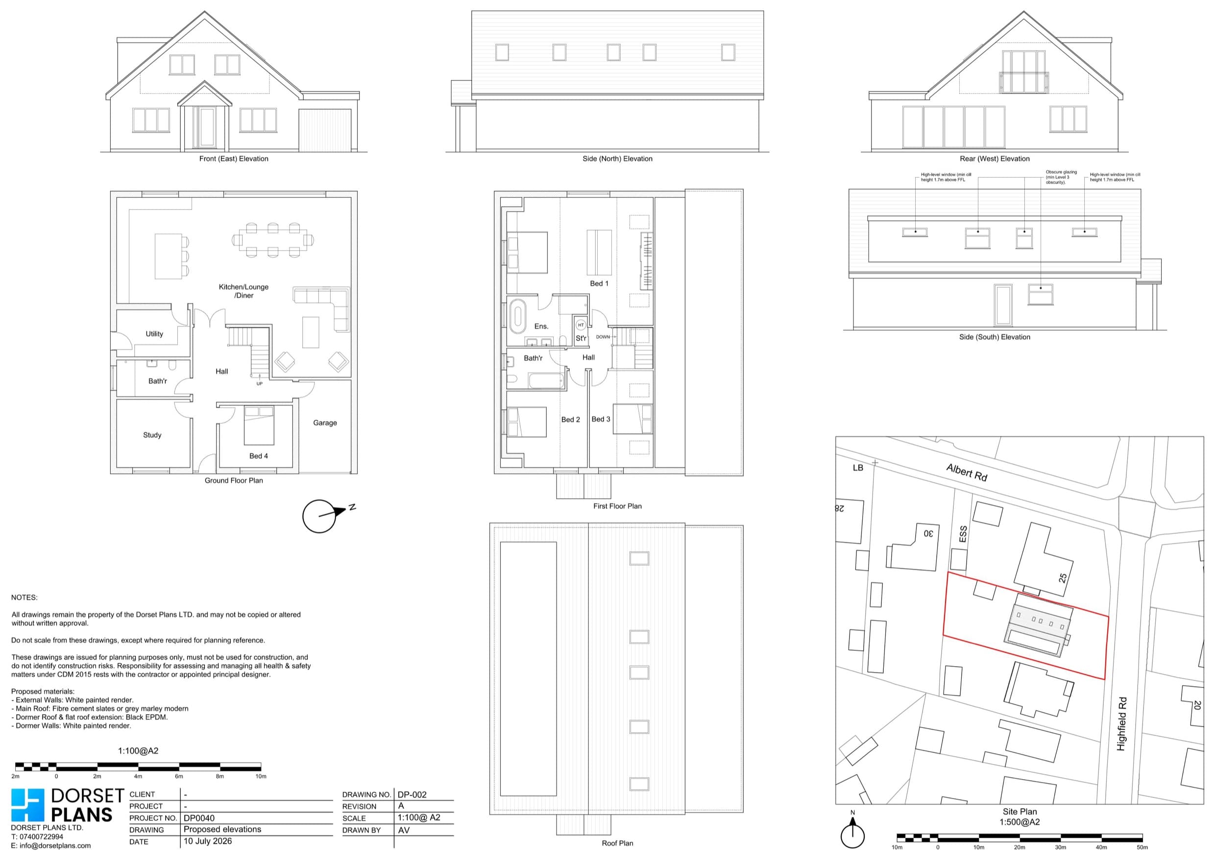 Proposed elevations, ground and first floor plans, roof plan and 1:500 site plan for a house with a rear dormer, drawn at 1:100 for a planning application