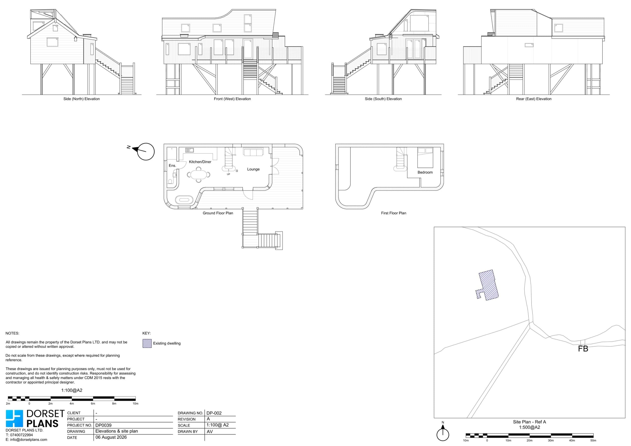 Elevations, ground and first floor plans and a 1:500 site plan for an existing dwelling raised on posts with external stairs