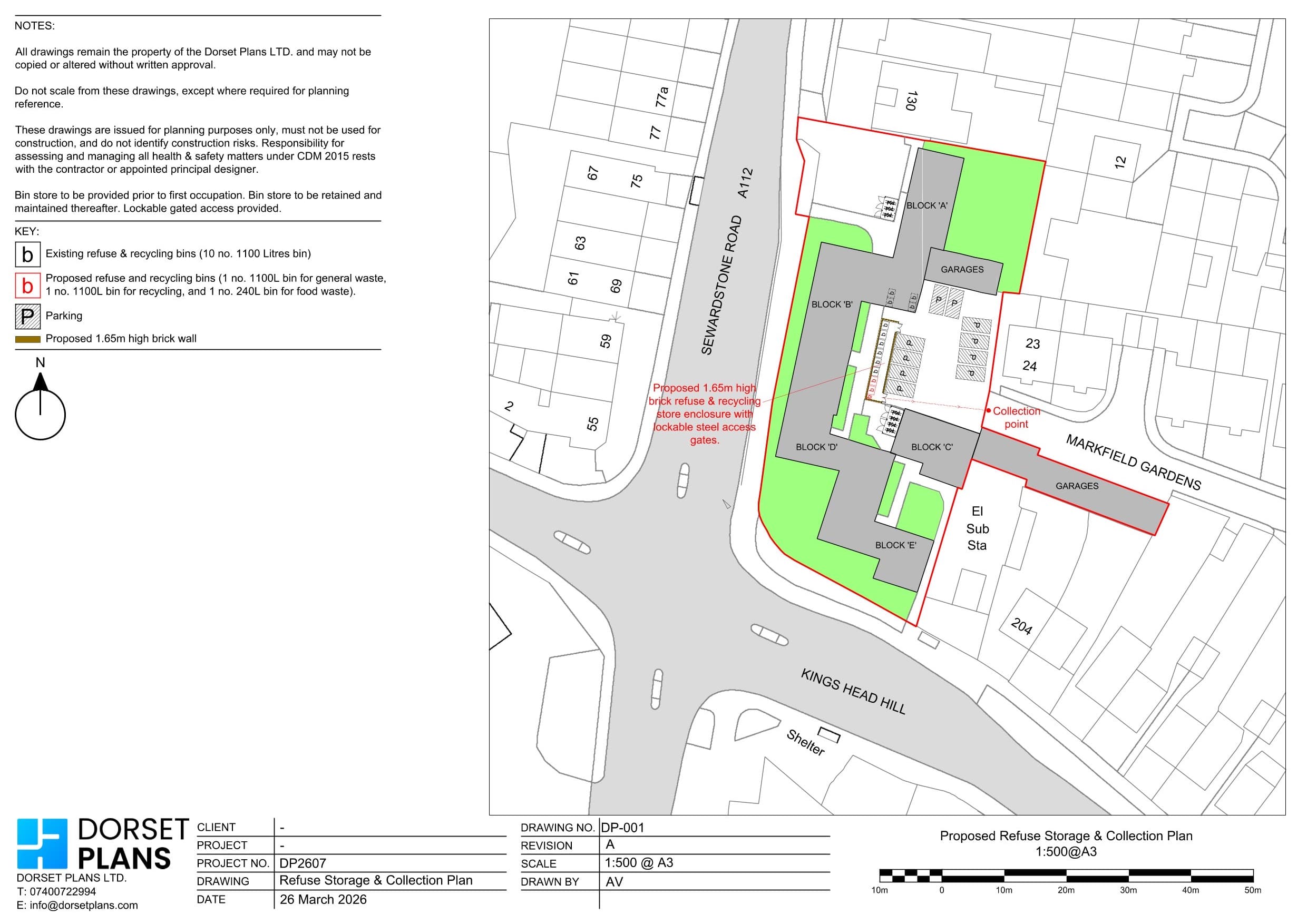 Refuse storage and collection plan at 1:500 for blocks of flats, showing a new brick bin store, parking and the collection point