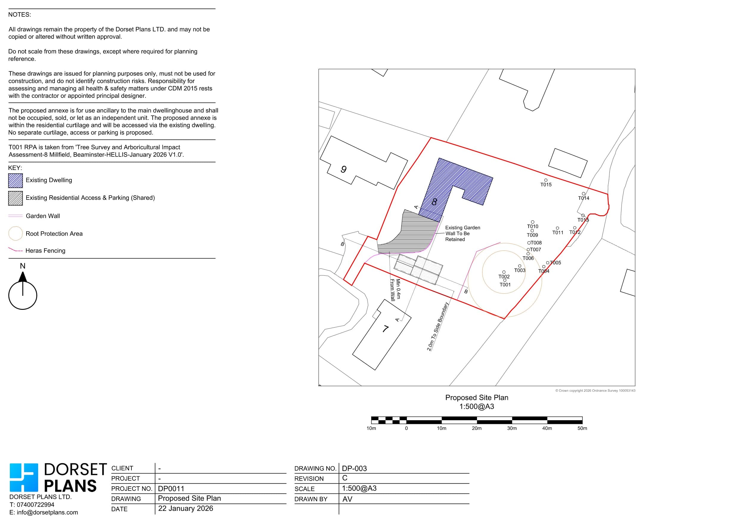 Proposed site plan for an annexe with tree root protection areas and protective fencing