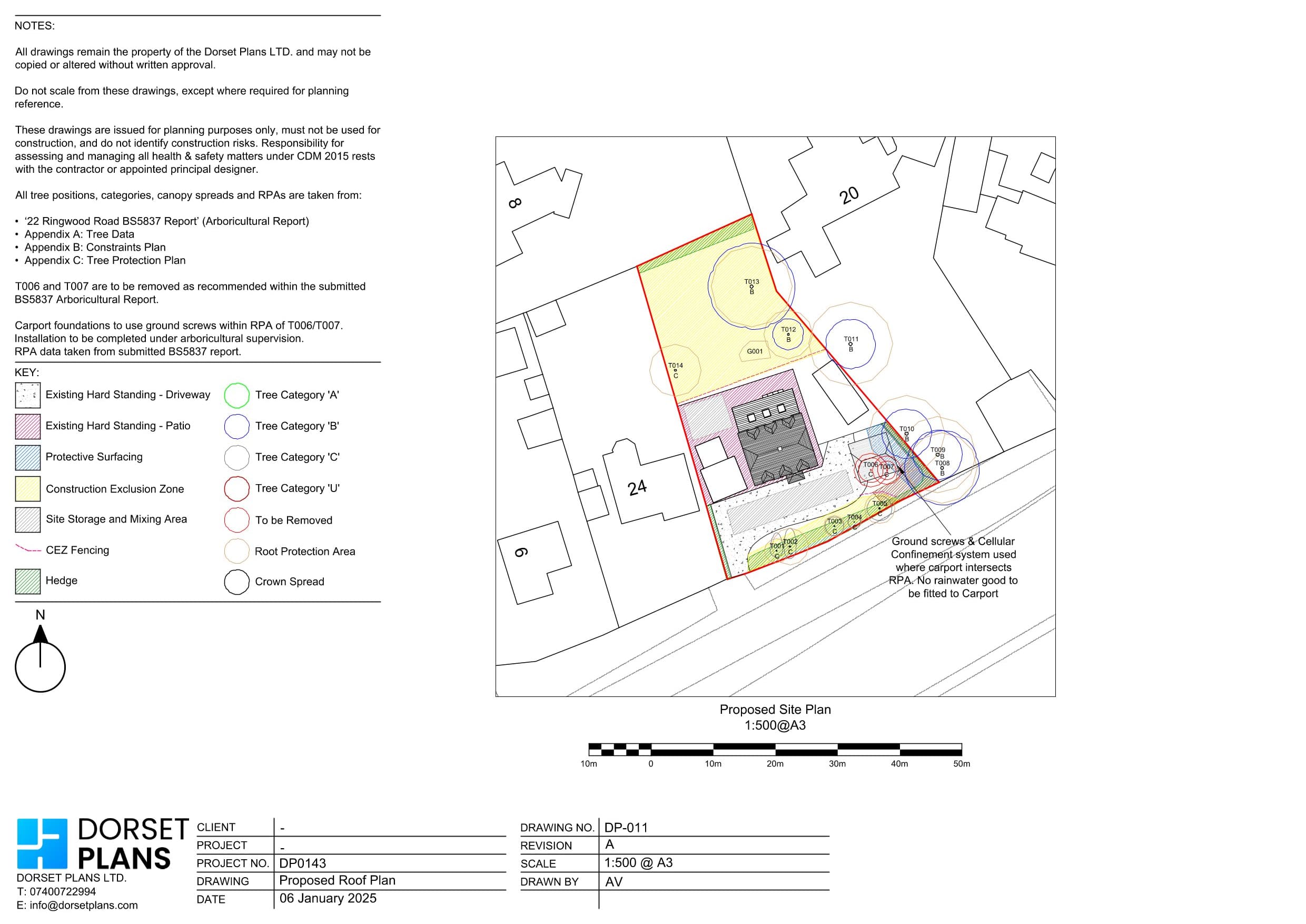 Proposed site plan for a carport showing tree root protection areas taken from an arboricultural report