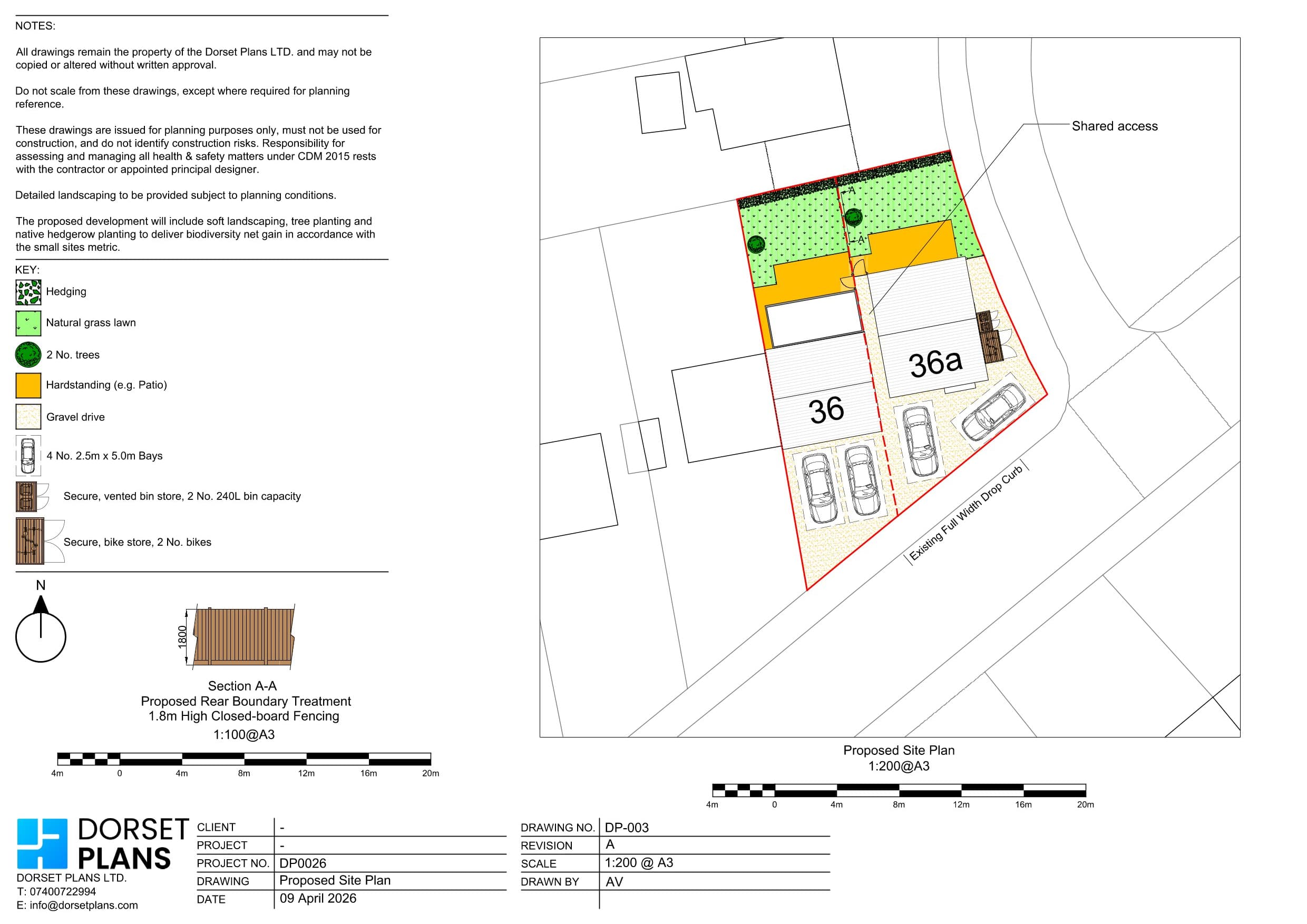 Proposed site plan for two dwellings with landscaping, four parking bays, bin and bike stores and a biodiversity net gain note