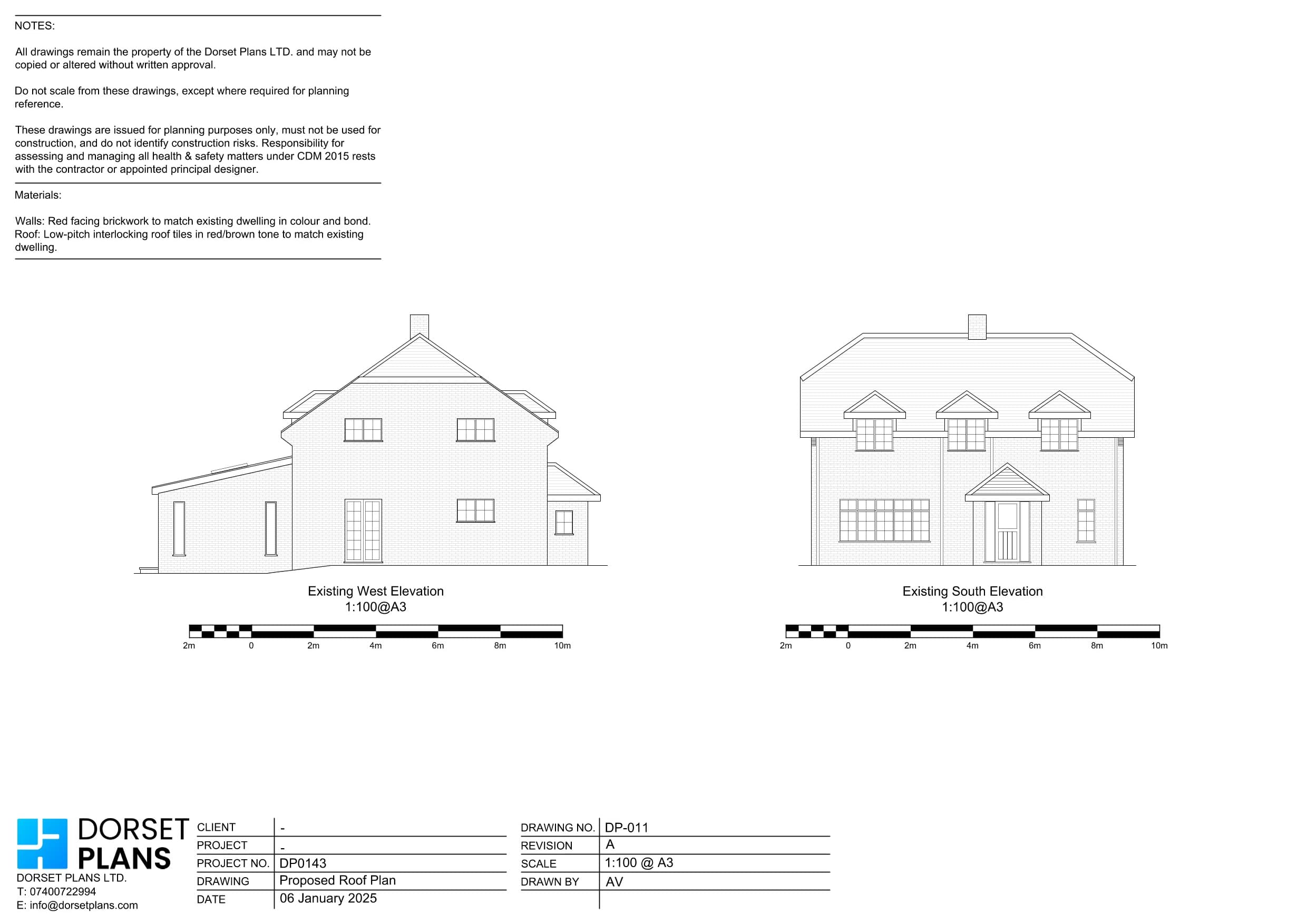 Existing west and south elevations of the same two-storey house before the extension, with its original dormers and porch
