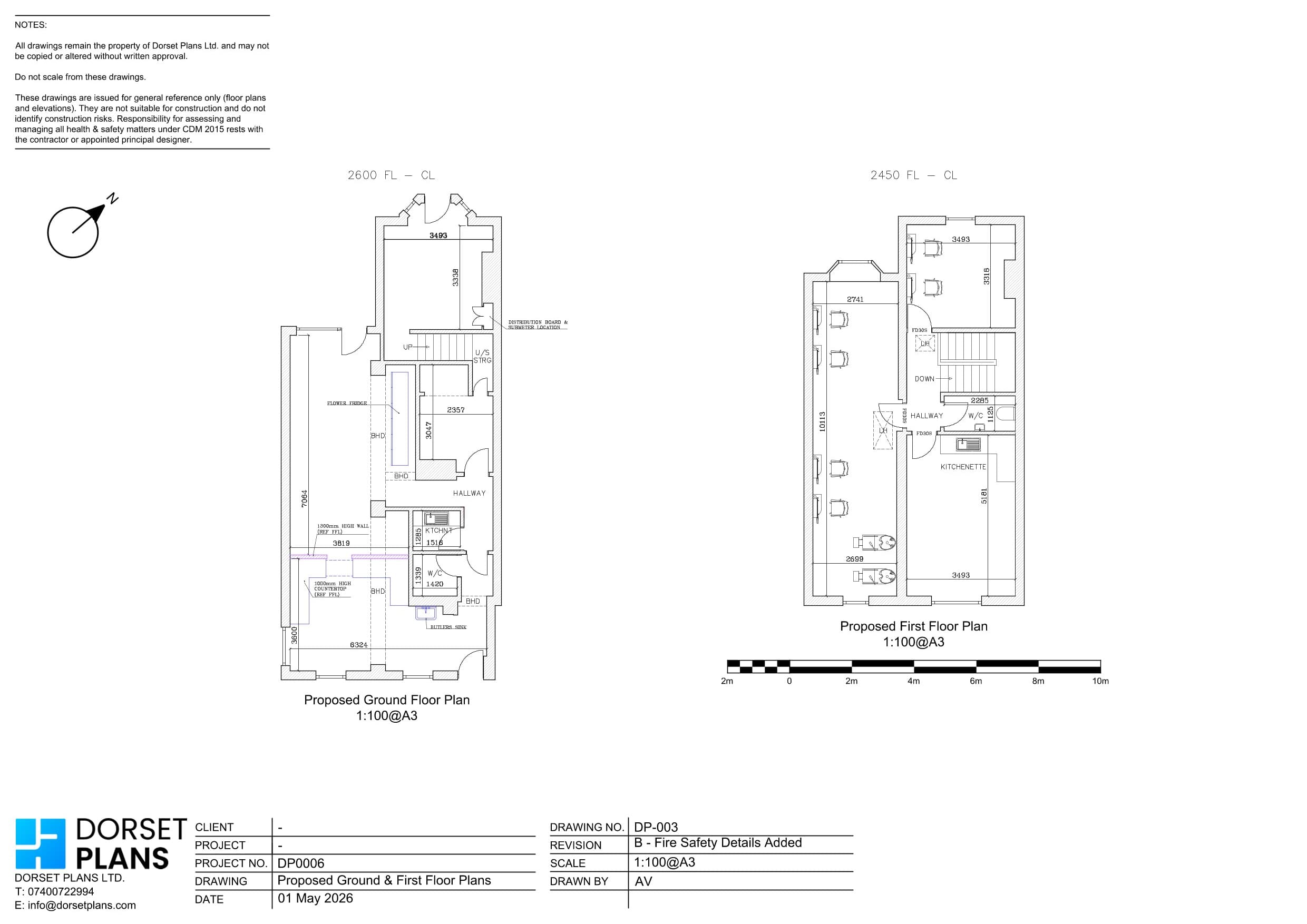 Proposed ground and first floor plans for the change of use of an office building, revised to add fire doors and fire safety details