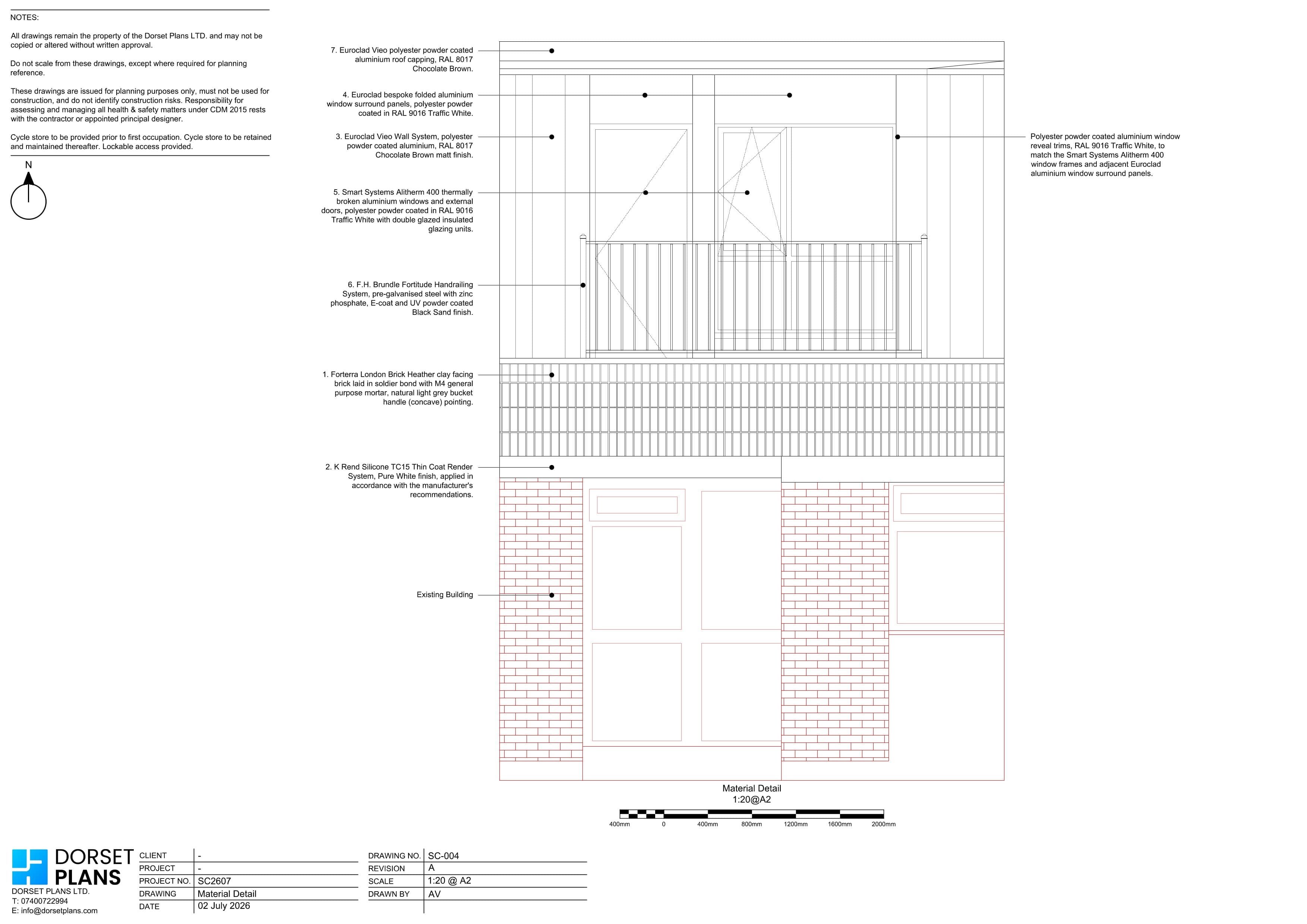 Materials detail elevation at 1:20 for an upper-floor addition, listing the brick, render, cladding panels, windows and handrail
