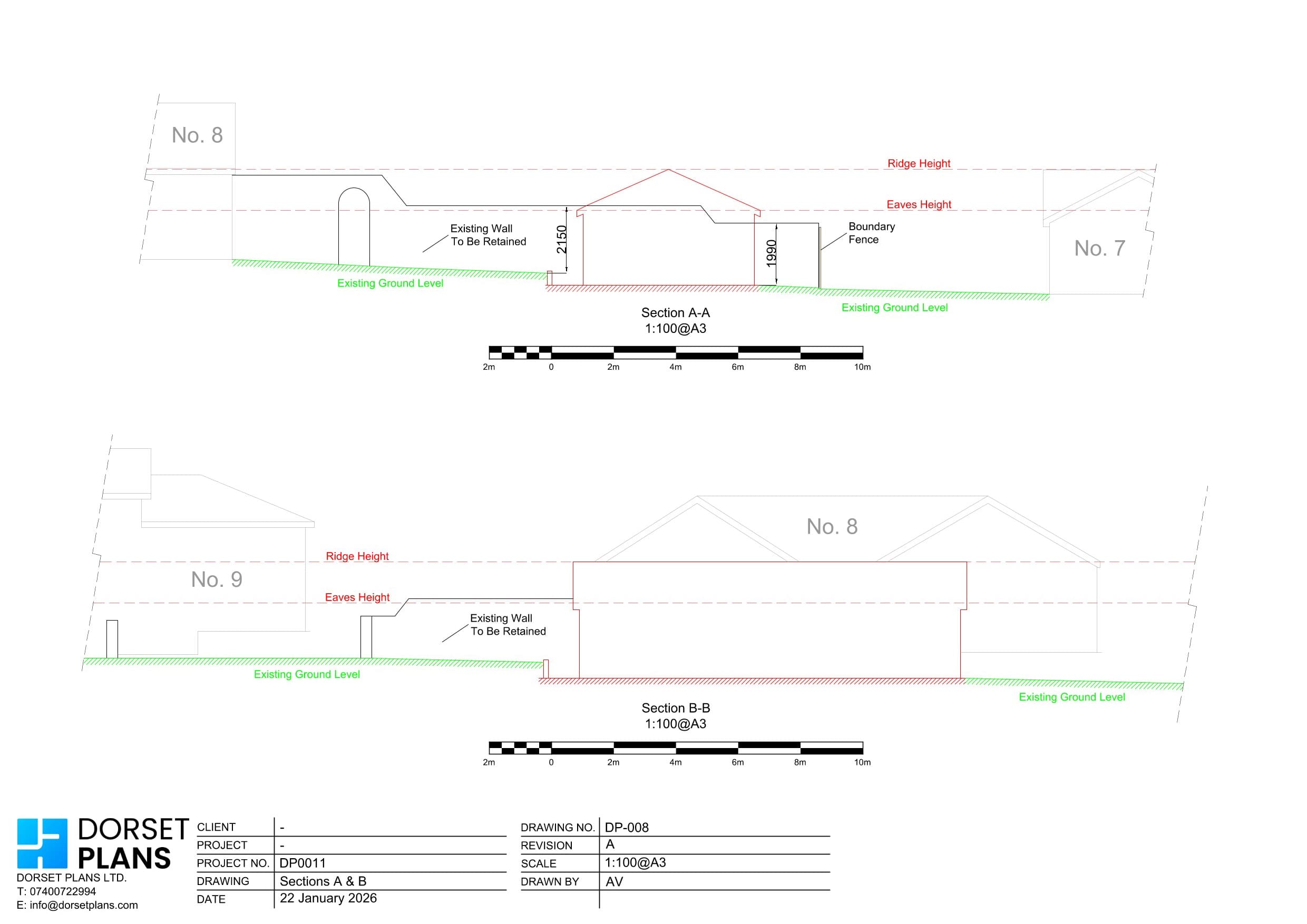 Sections through a single-storey building between neighbours, with ridge and eaves heights taken from the adjoining houses