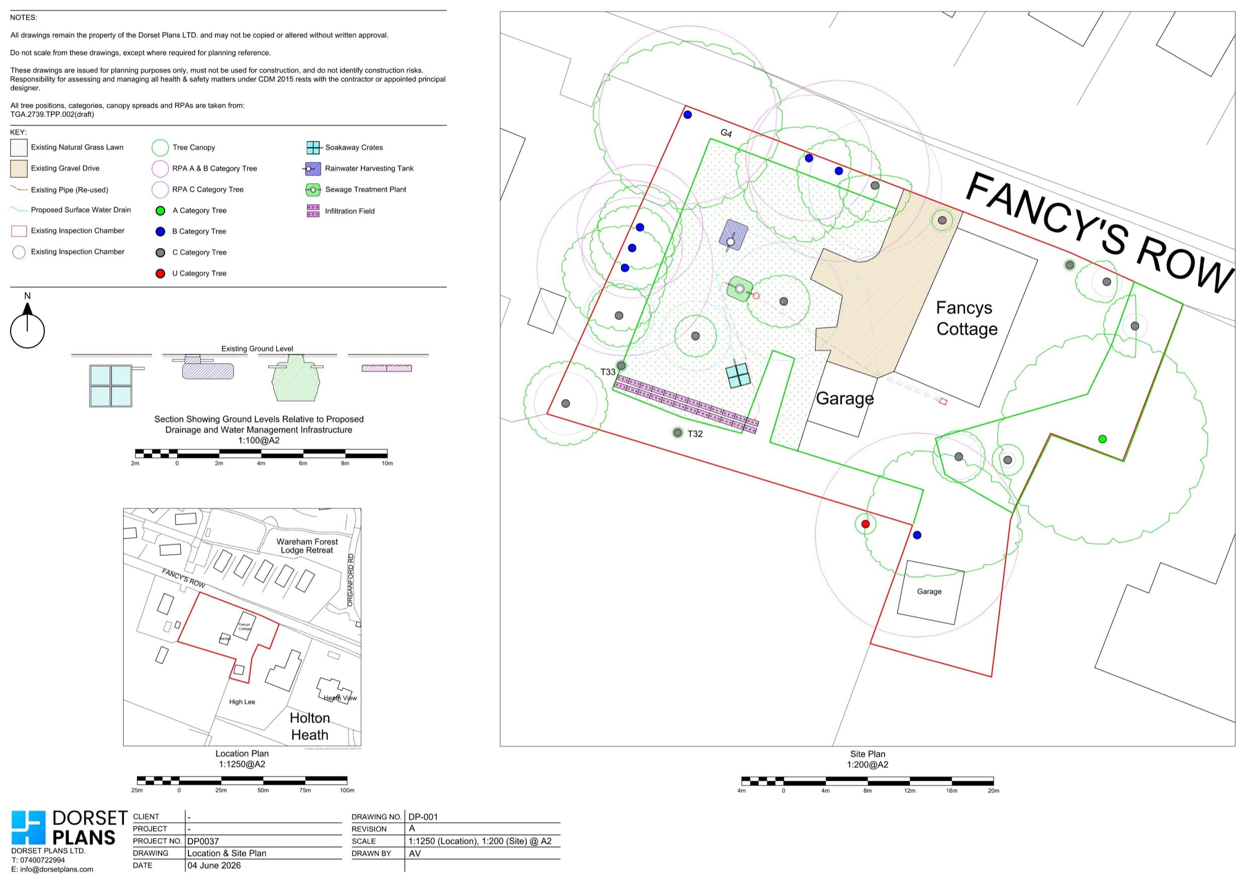 Location plan at 1:1250 and site plan at 1:200 showing trees, root protection areas and new drainage with a soakaway and sewage treatment plant
