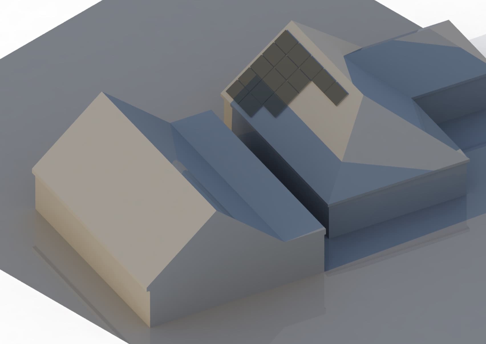 3D solar path model of a proposed building beside a neighbour's roof solar panels, showing the shadows at 1pm on 21 December